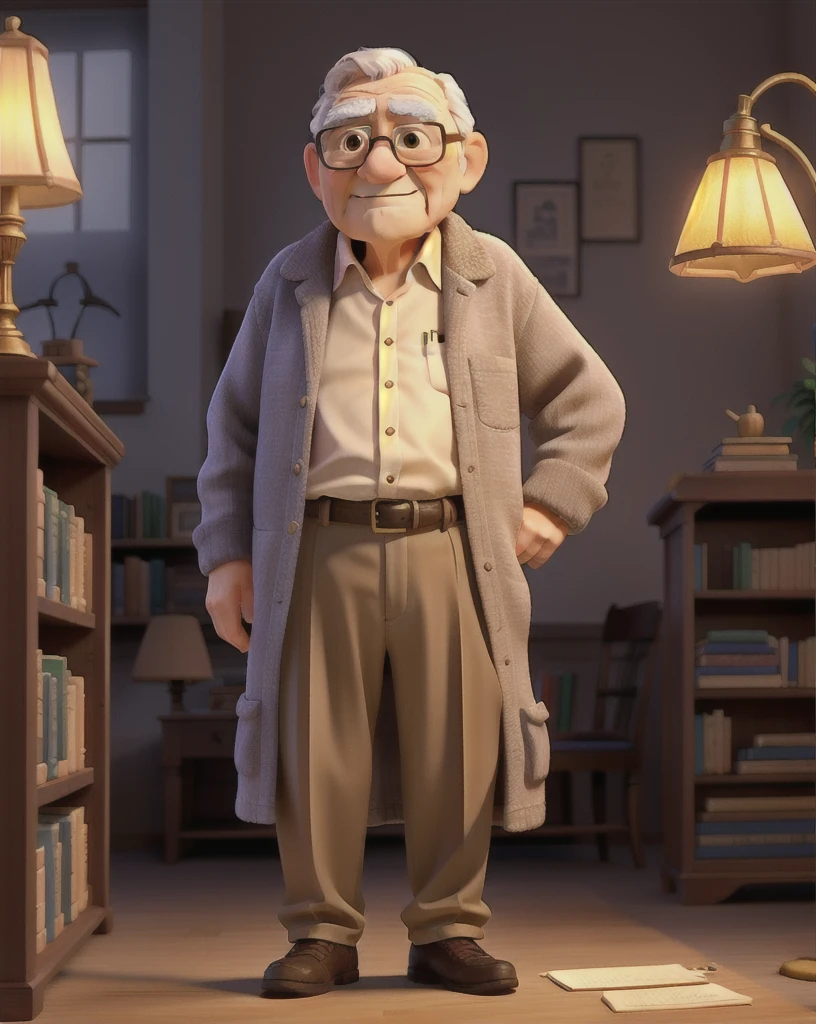 A wise old man standing in front, illuminated by the light of a lamp, against the backdrop of a library