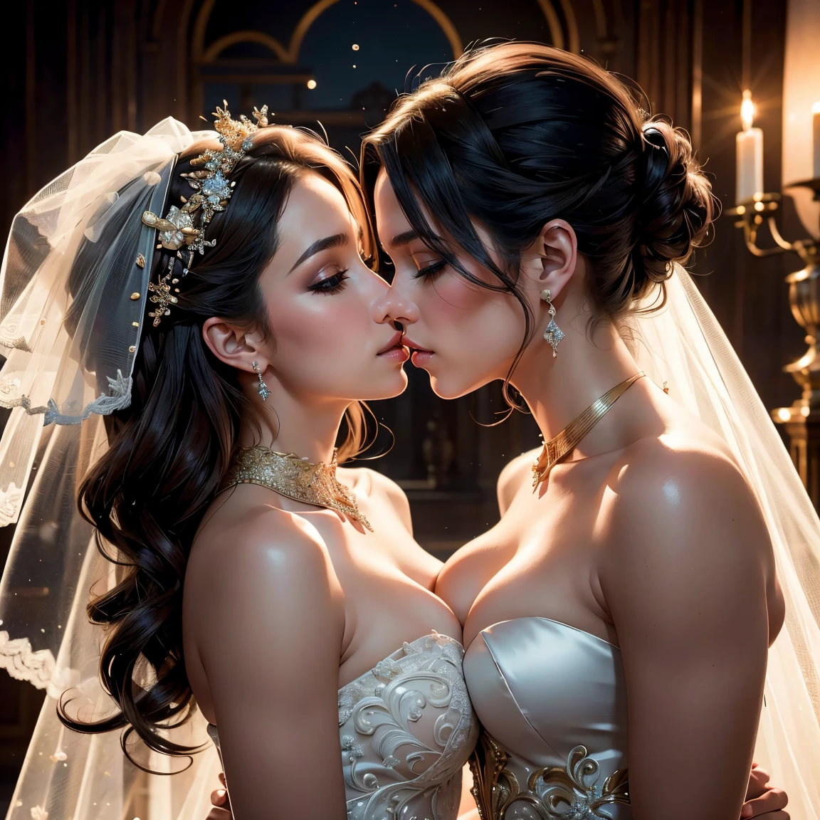 (masterpiece, highest quality, official art, beauty and aesthetic), two stunning bride is deeply in love with each other, kiss