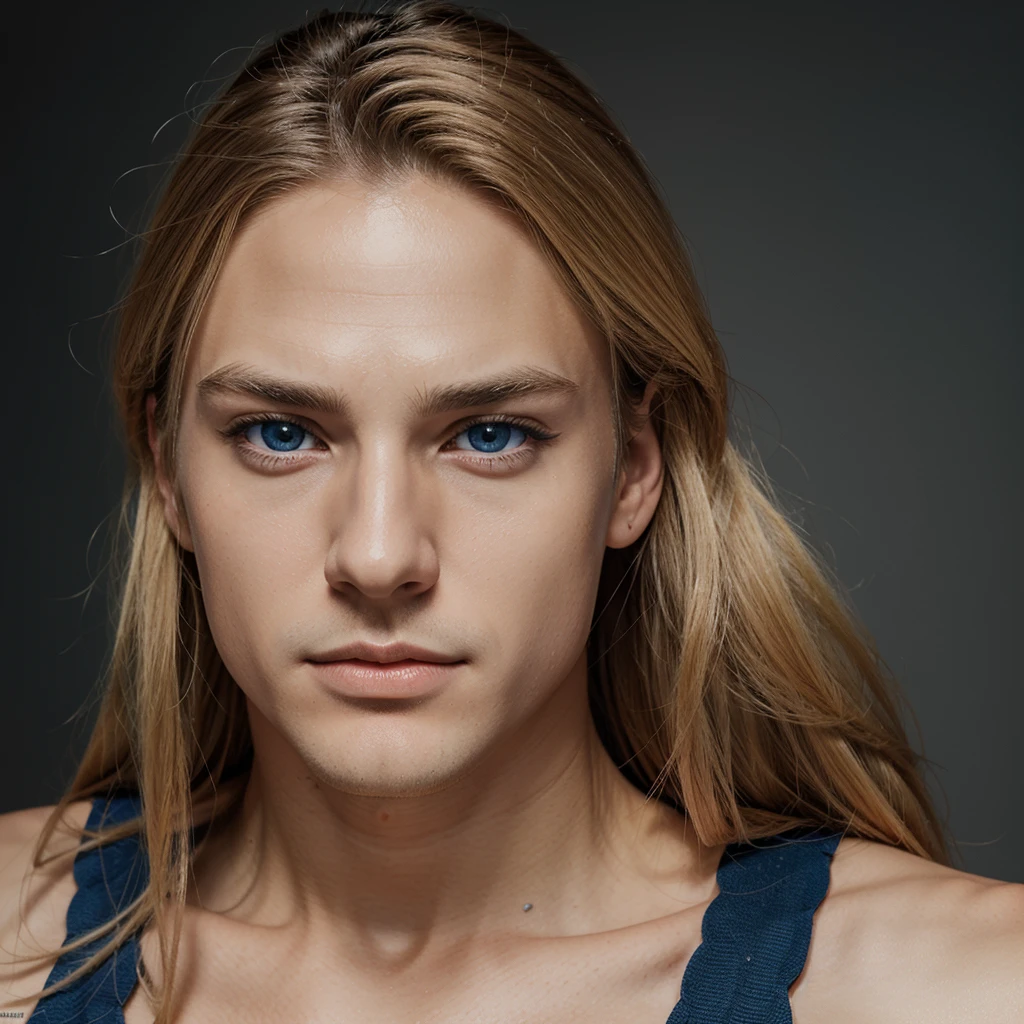 German man, blue eyes, blonde long middle parted hair, handsome, sharp jawline, manga art style ultra detailed