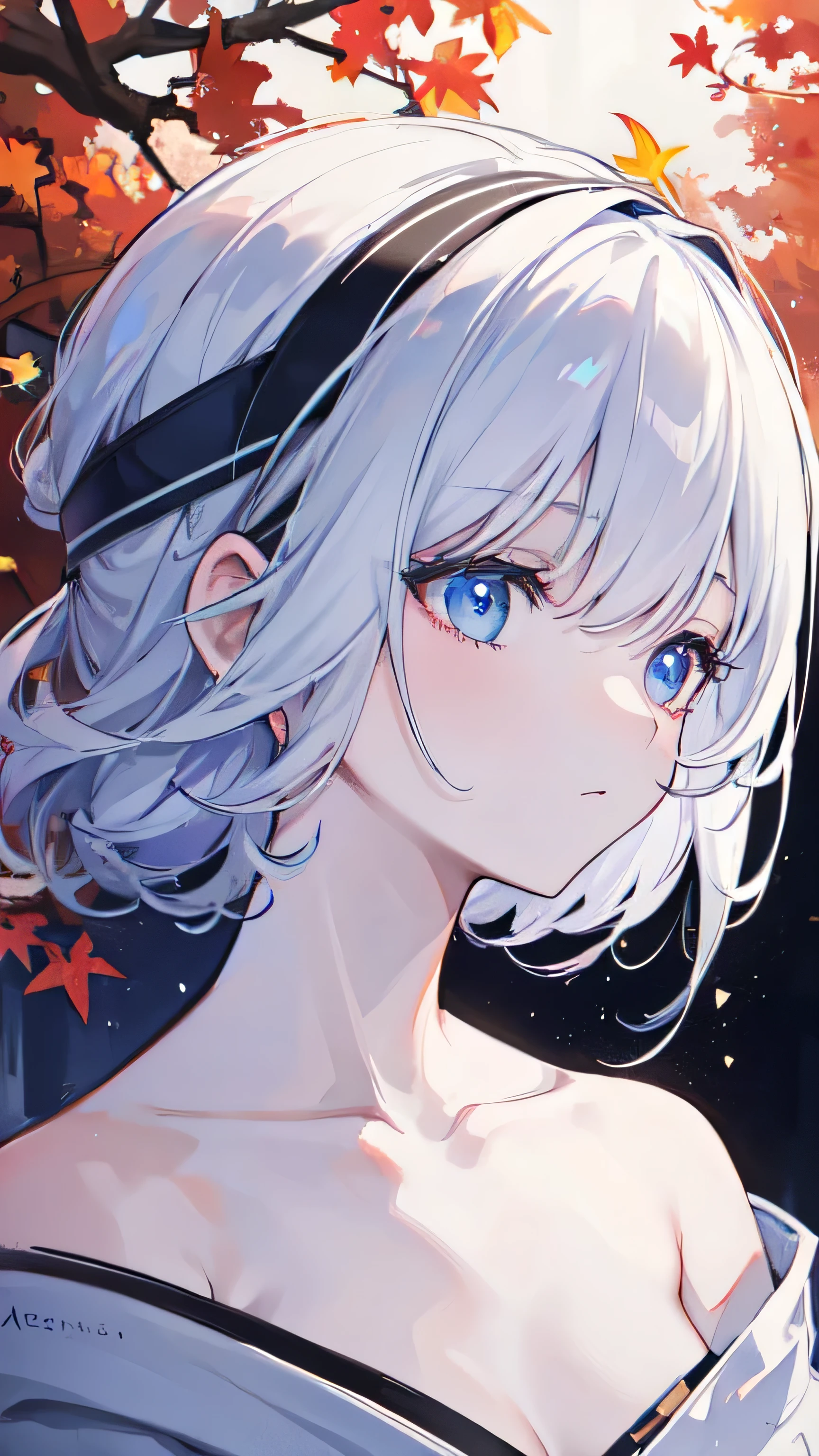(8K, best quality, masterpiece:1.2),(best quality:1.0), (Ultra-high resolution:1.0), watercolor, A beautiful woman, Shoulder, Headband, author:Agnes Cecile, Half-length portrait, Extremely bright design, Soft colors, (ink:1.3), Autumn Lights,