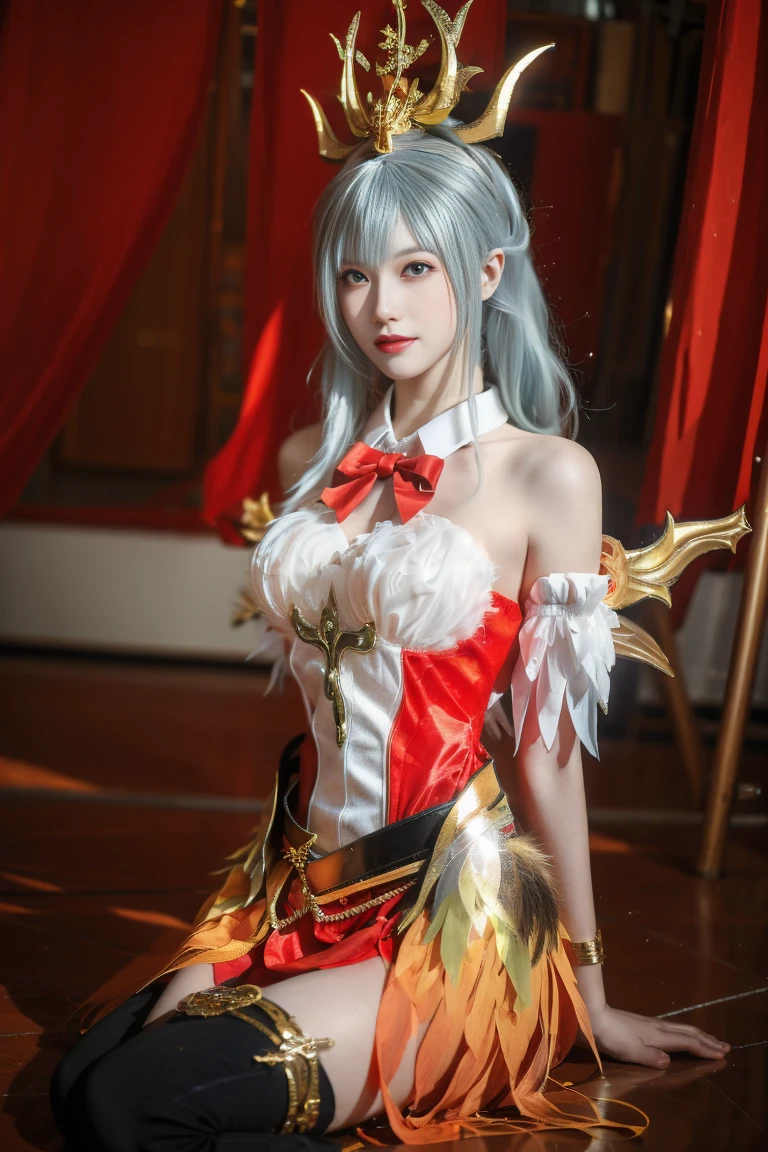 (( (masterpiece),Booty pose,(Very detailedな CG Unity 8k 壁紙),(Bust Shot:1.5), highest quality,Cinema Lighting,Realistic, Detailed Background,Beautiful and beautiful eyes,Bright Eyes,(Very elegant and beautiful),(Beautifully detailed eye depiction),Very detailed,masterpiece,High resolution)), Richly decorated armor, Beautiful Female Warrior, short hair, Platinum Blonde Hair, Cleavage、Different actionr.々Clothes、Red costume、Mr.々A pose、Colorful costumes、whole body、Beautiful legs