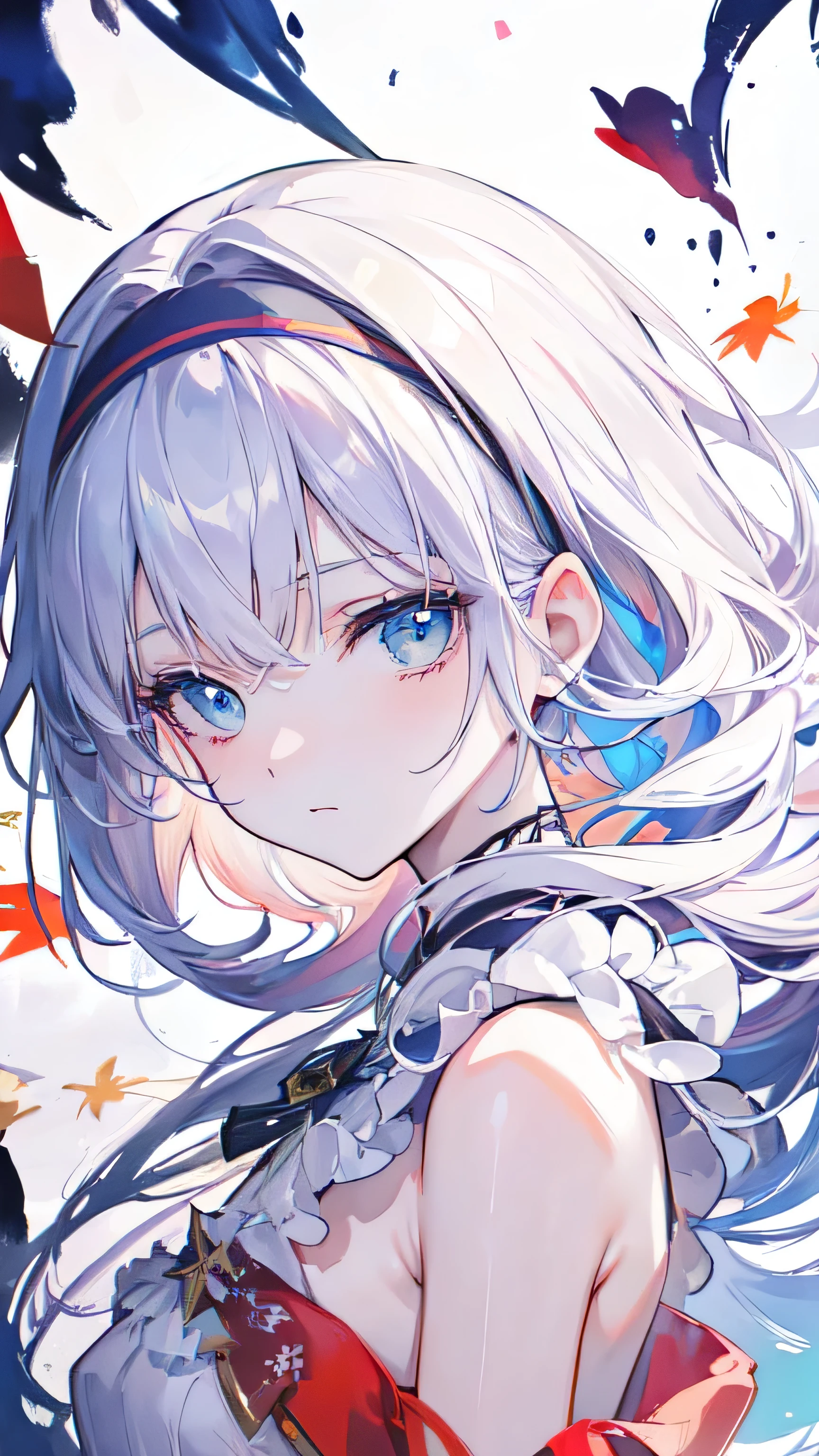 (8K, best quality, masterpiece:1.2),(best quality:1.0), (Ultra-high resolution:1.0), watercolor, A beautiful woman, Shoulder, Headband, author:Agnes Cecile, Half-length portrait, Extremely bright design, Soft colors, (ink:1.3), Autumn Lights,