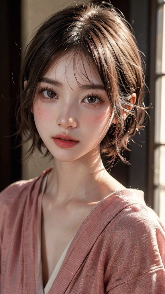 (Highest quality, masterpiece:1.3), shape, ((Beautifully detailed face)), beautifully detailed skin, Intricate details, Very detailed, Best image quality in 8K,(18 year old high school girl:kimono,sexy:2.0,Completely naked,Undressing),A Japanese girl,Baby Face,(Detailed Hair,Bobcut:1.4),Detailed lips,Open your mouth,(The whole body is shown:1.9,Long Shot),blush,Embarrassing,Realistic Face,Realistic Skin,(Vibrant Skin),Vivid lips,Lip gloss