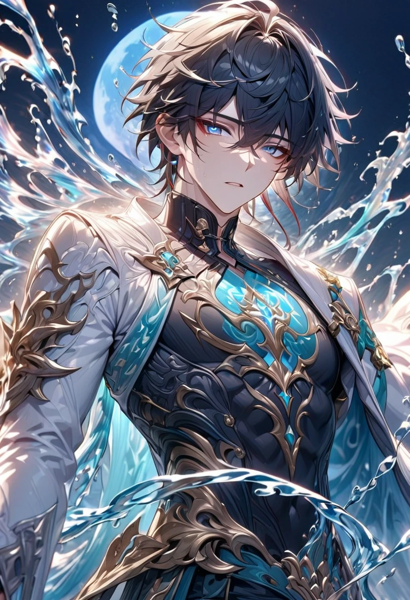 absurdres, highres, ultra detailed, HDR, master piece, best quality, Dan Heng, black hair, expressive blue eyes, Honkai Star Rail, solo, sexy man, handsome, black clothes, white coat, water, magic, fantasy, radiant, magical, water elemental, blue moon