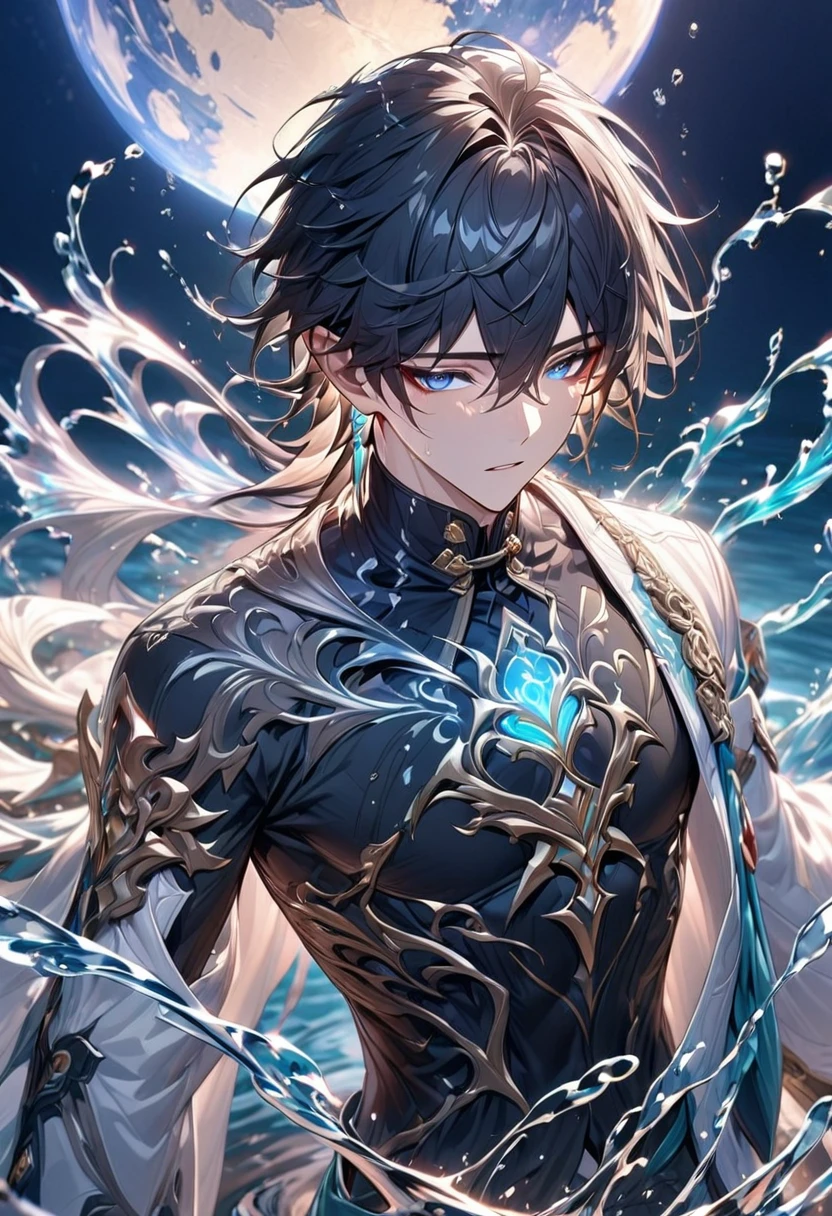 absurdres, highres, ultra detailed, HDR, master piece, best quality, Dan Heng, black hair, expressive blue eyes, Honkai Star Rail, solo, sexy man, handsome, black clothes, white coat, water, magic, fantasy, radiant, magical, water elemental, blue moon