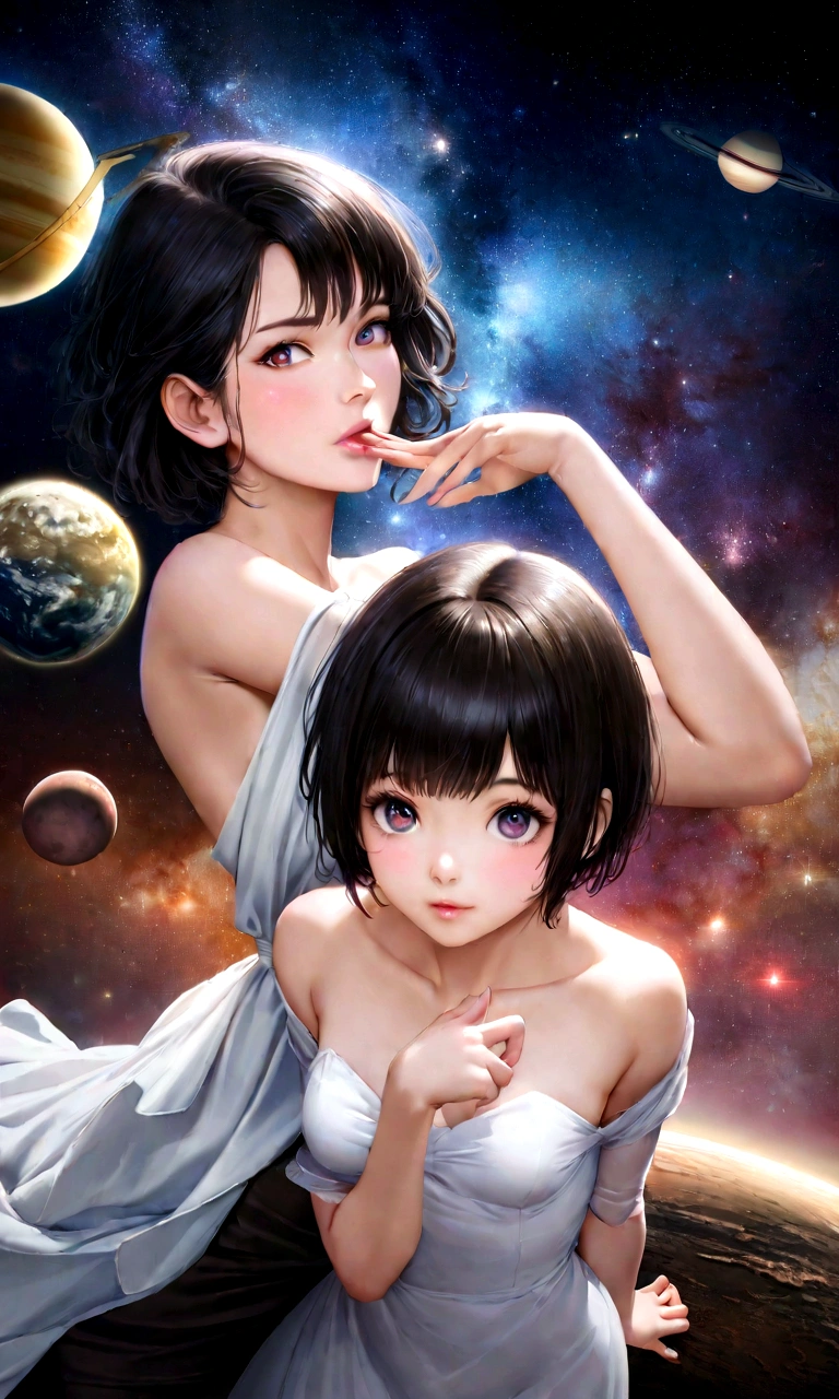 geographic magazine、title、scoop、A Goddess Bigger Than a Small Earth、Neat、Pure white long dress、Hold the Earth in your hand and bring it close to your mouth、to kiss、universe space、Sexy pose、Small breasts、Realistic、Magazine Cover、anime、リアルanimeスタイル、short hair、Black Hair、Cute woman、Beauty、model、Portrait、Steamy、steam、Japanese、Milky Way、nebula、Mars、Saturn、moon、Spectacular atmosphere、animeキャラクターのポスター