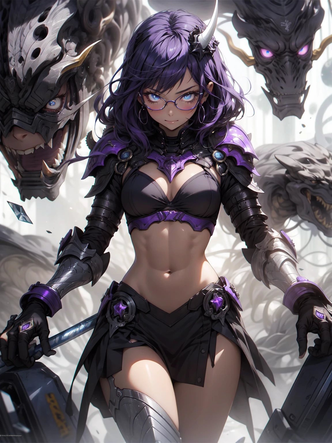 Be realistic，（masterpiece，Highest quality，Highest quality，Very detailed，Fractal Art，Most detailed，（Abstract background：1.5）（1 Girl），Kamimei，Glasses，Purple Hair，Hair length，（Sparkling Blue Eyes、Toned Abs），Big Breasts，Abyss Stick，crystallization，Black Bikini、High Leg，sexy、Mechanical Armor，Demon Horn、Berserk、Big scar on stomach、mini skirt