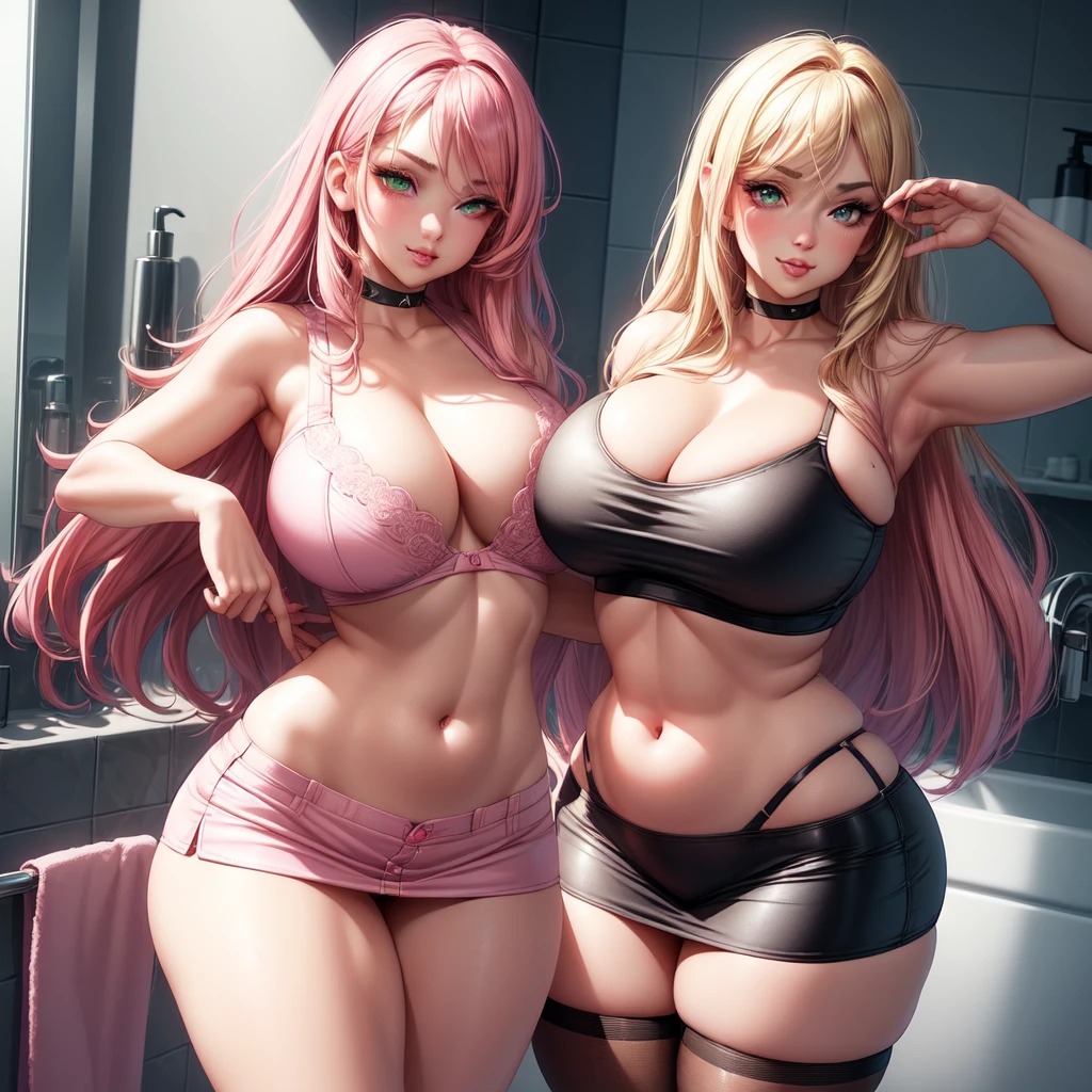 ((1 girls), solo, clevage, Big round breasts, trendy, stylish, clevage, thighs, hips, realistic, pink hair, blonde hair, light green eyes, lip gloss, detailed face, amazing big eyes, eye details, big lips, eyebrow details, pink mini skirt, crop top blush, confident, dominant, bdsm, smirk, naughty, mischevious face, HD, good quality, curvy, standing up, thick thighs, attractive, amazing body, perfect body, slim thick, indoors, black bra, bathroom sink