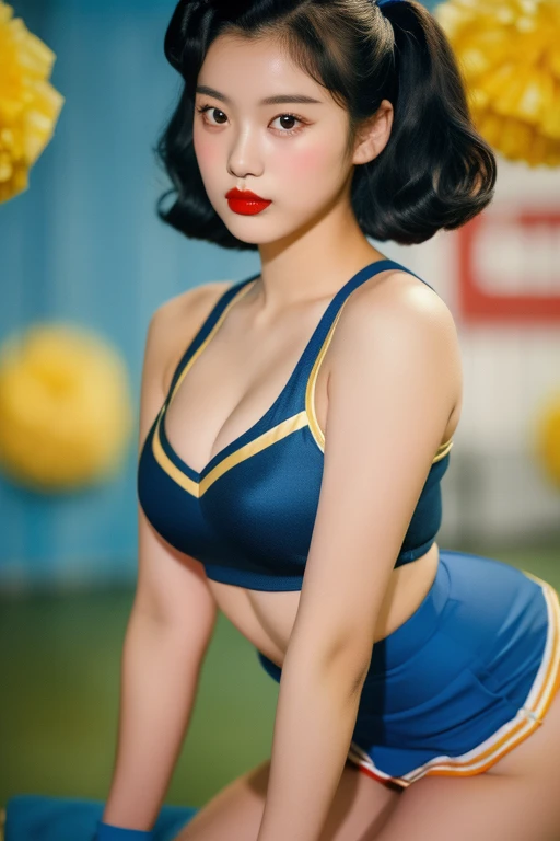 1952, Seoul, (1 korean young girl), 20 years old Girl in school gym, sexy Riverdale High School cheerleader outfit with blue and gold pom poms, big breasts, strikingly beautiful, delicate facial features, porcelain skin, expressive eyes, black hair, red lips), (hairstyle of the 1950s), dramatic lighting, pin up style, sexy, surprised, colorful , masterpieces, tight body, Detailed Hands, Detailed legs,