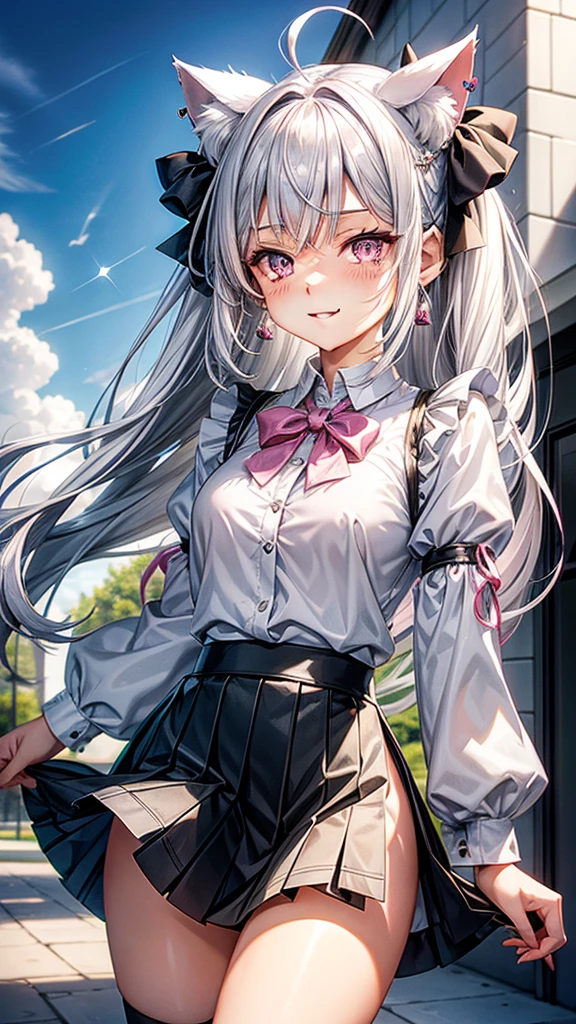 Silver hair, pink eyes, body, cat ears, sexy girl, earrings, sun and cloud background, hair bows, mitsuri, blouse, skirt uniform, bells necklace, happy face, thigh up, long hair