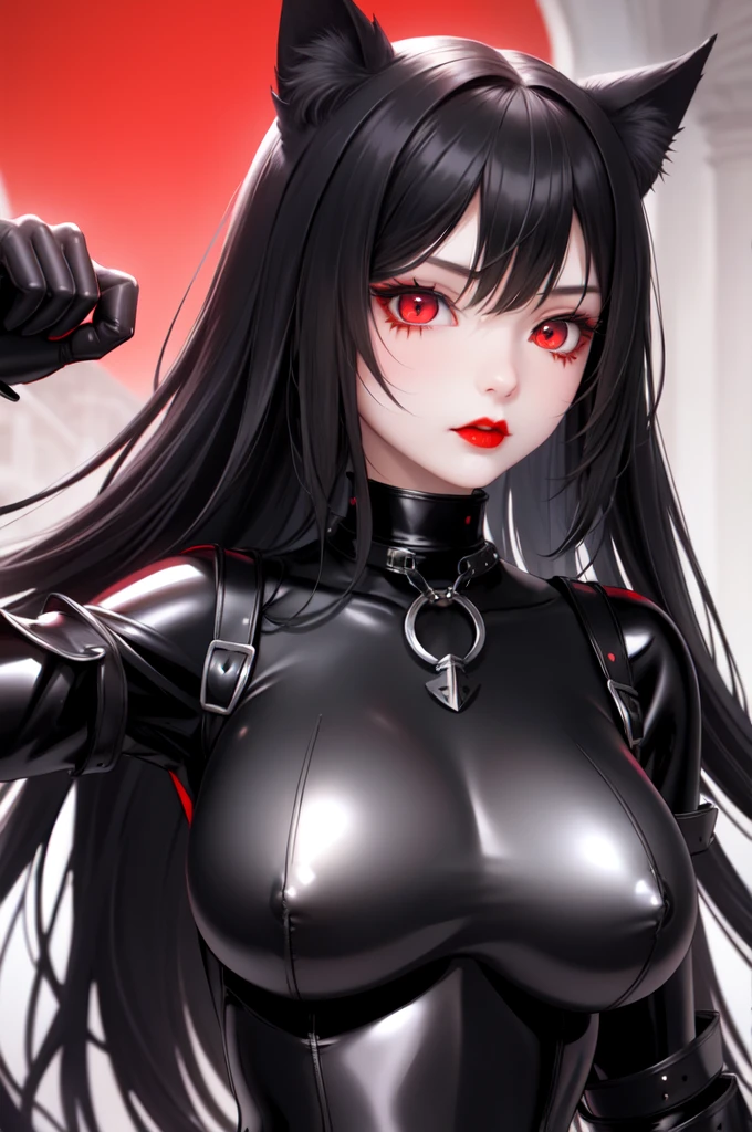 1 girl、Detailed facial details，Cat ear，Black long hair,Red lips，Slim，Large Breasts，Wearing black latex bodysuit armor，Knight clothing，Charming red eye,，Handcuffs，Collar，Radiant Skin，Bright castle，Medieval Castle