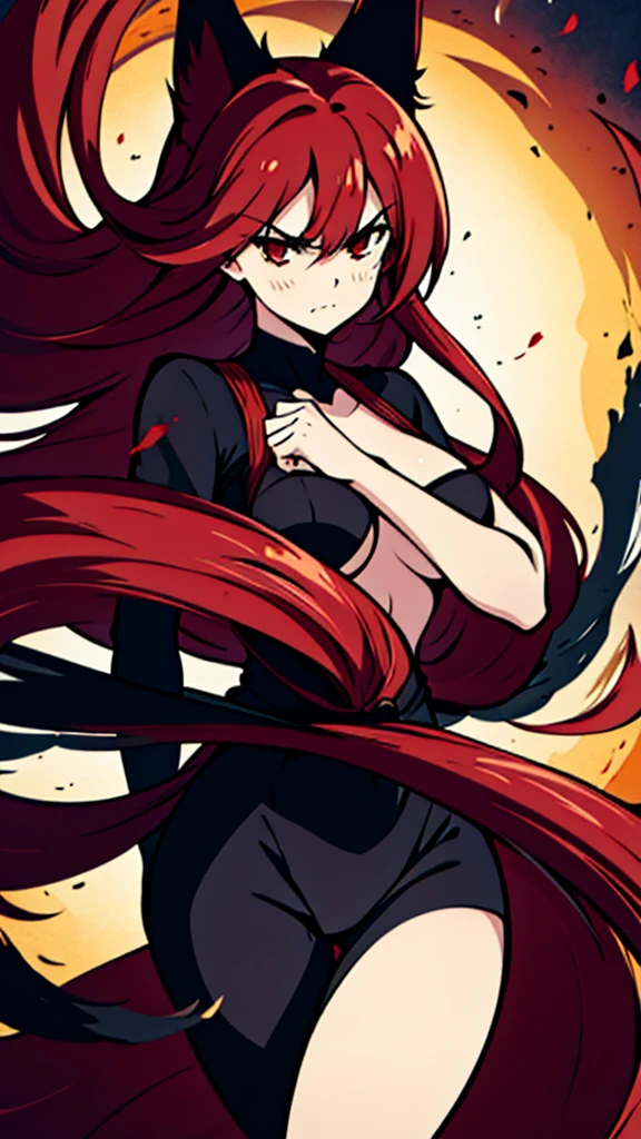 1girl ,20s,angry face,black bodysuit,(red hair),long hair,fox ears, sunny, park,artbytokiame