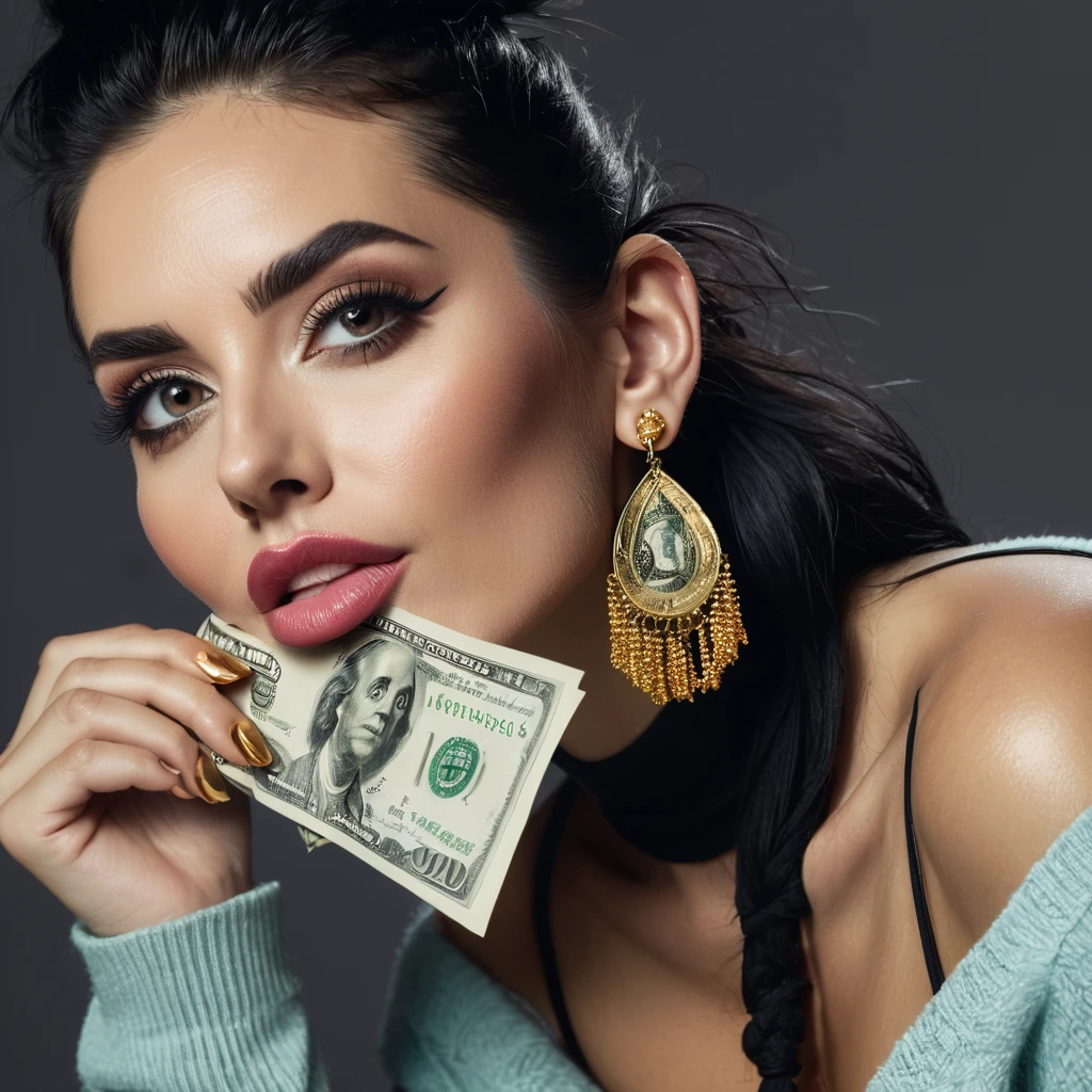
stubble white woman, big nose, makeup, black hair tied back, wears huge shaggy, thick and neat beard, black eyes, seductive and proud look, big golden earrings, holds dollar bills