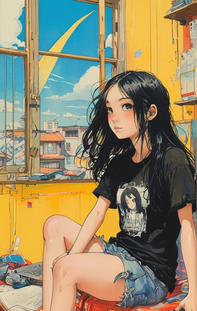 A detailed anime-style illustration of an emo angel girl with long black hair, sitting in a cluttered room. She is wearing a black t-shirt and shorts, with a listless expression. The background features various notes, tools, and a bright yellow wall with a blue sky visible through a window, creating a vibrant and eclectic atmosphere.