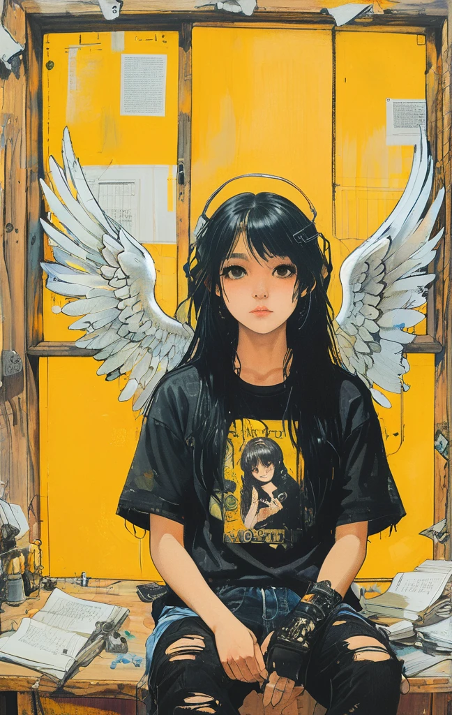 A detailed anime-style illustration of an emo angel girl with long black hair, sitting in a cluttered room. She is wearing a black t-shirt and shorts, with a listless expression. The background features various notes, tools, and a bright yellow wall with a blue sky visible through a window, creating a vibrant and eclectic atmosphere.