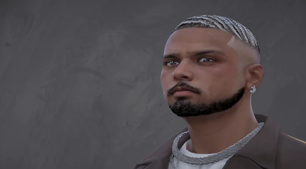 Brown light skin middle 20's, with waves and fade haircut ,brown eyes ,with little side burns beard and a narrow moustache, gangster looking /wearing earrings and a cuban linkl chain and two sliton right eyebrow dark back in a allyway