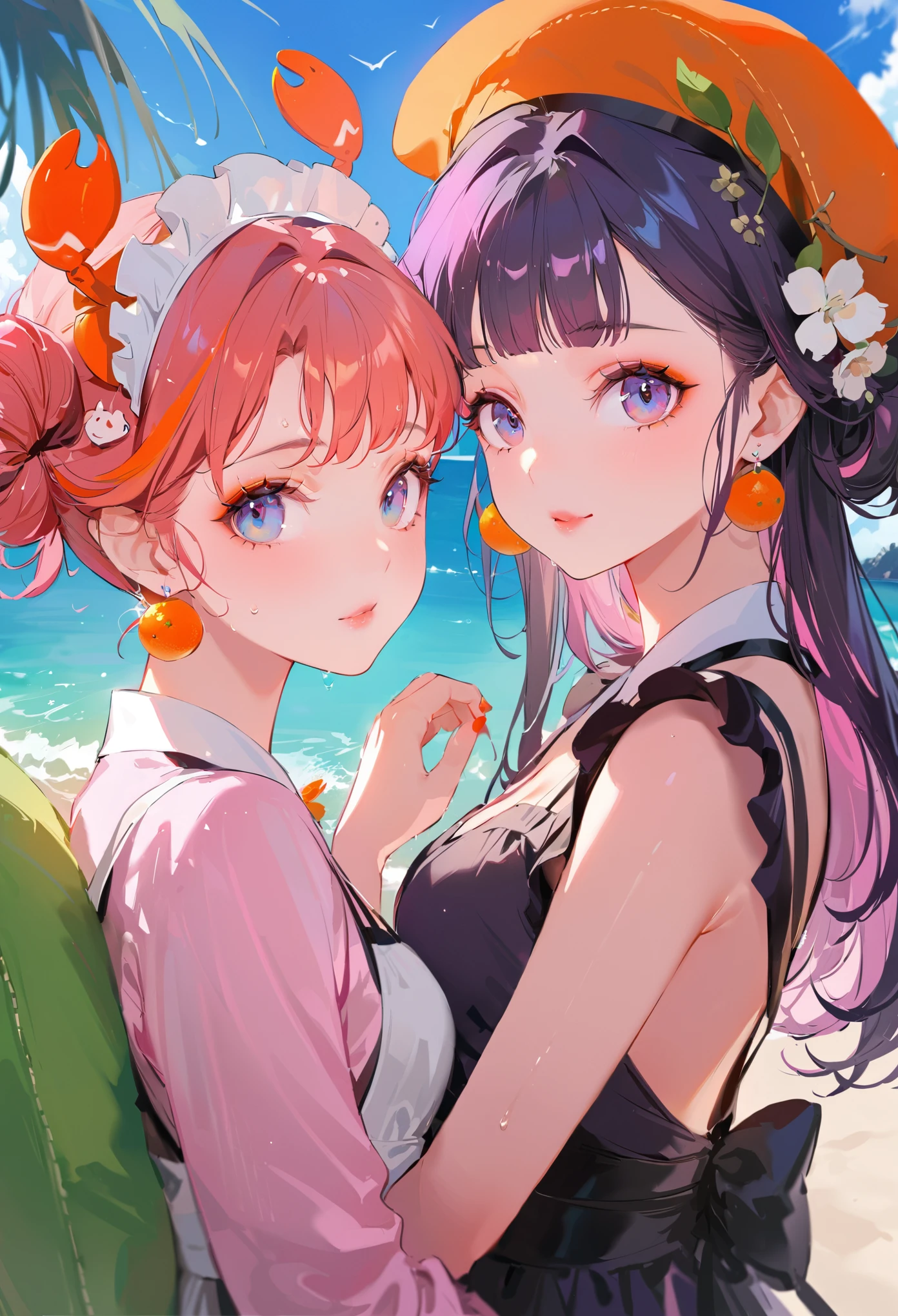 One of them has ocean blue eyes、((One has short red hair))、((Two beautiful girls with perfect faces)),((Two girls))、One of them is wearing a crab hat、One of them is wearing a tangerine hat.、very_Long eyelashes, Detailed lips, A radiant smile, Holding hands、Soft Skin, Shiny Hair,Vibrant Background, Natural light,The cutest girl in the world,Exquisite makeup,Pouting、((Hugging on a cushion))、Sit down, long hair、Bun hairstyle Beautiful, translucent white skin、Wet purple dress、Pink underwear is visible、Pink bra is visible through、Pink pants show through、quality\(8K,非常に精細なCGユニットのwallpaper, masterpiece,High resolution,top-quality,top-quality real texture skin,Super two-dimensional,Increase the resolution,RAW Photos,最高quality,Very detailed,wallpaper,Ray-tracing,Golden Ratio\),[Browsing Caution]