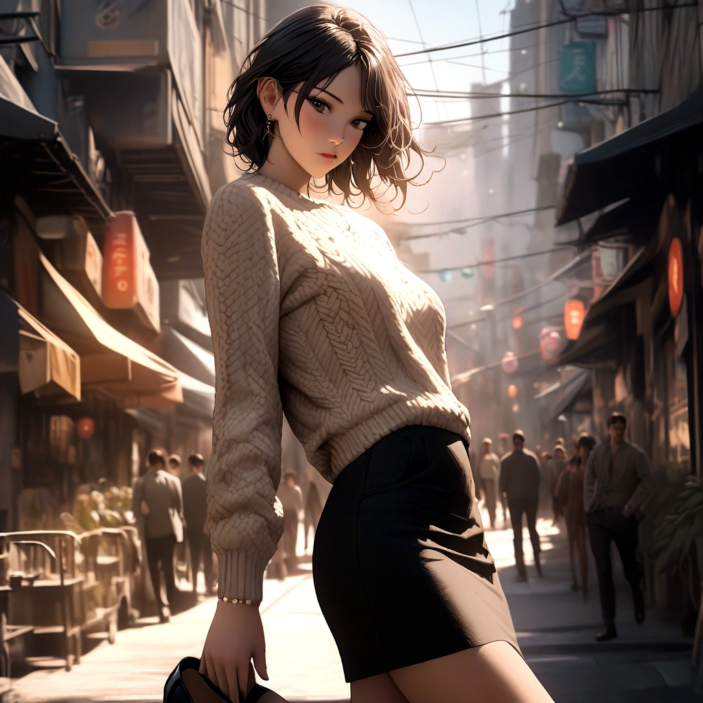 (best quality:1.2, 8k, masterpiece, highly detailed, highest quality), photorealistic, 2D illustration, woman, pear-shaped body, dark A-line skirt, light-colored knit sweater, gray tights, black heels, elegant, intellectual, elongated legs,  long slender legs,  natural lighting,  realistic skin,  detailed hair,  stylish,  sophisticated,  feminine.