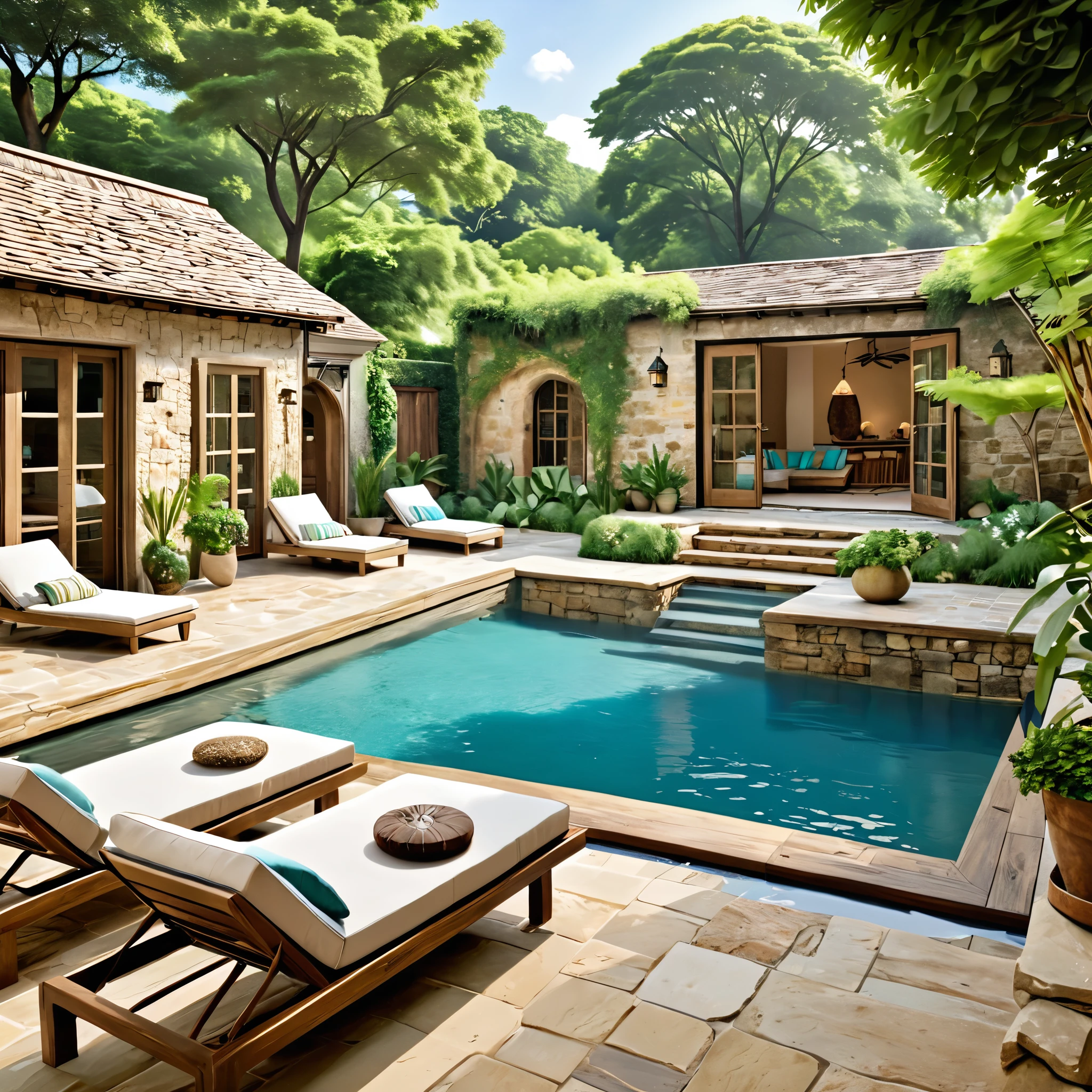 Design a cozy and rustic courtyard with a natural pool. The courtyard should have a charming, aged appearance with stone walls and large wooden doors. Include comfortable wooden lounge chairs with soft cushions, a small bar area with high stools, and various potted plants. The pool should have clear water with a turquoise hue, surrounded by lush greenery and natural elements, creating a peaceful and intimate setting.
