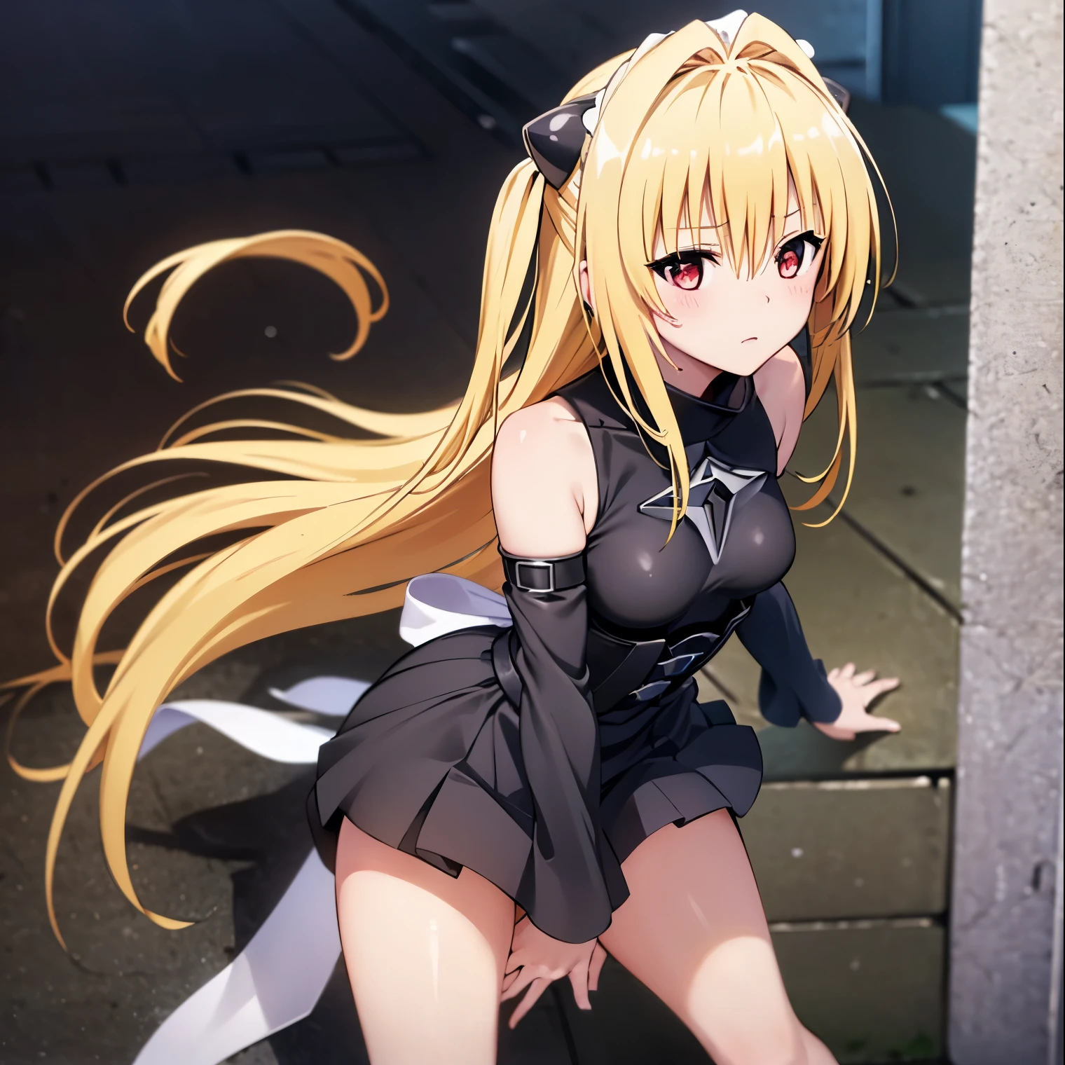 (1girl),(alone), konjiki no yami, (alone), long hair, taiyaki, blonde hair, hairpins, red eyes, very long hair, hair shots, looking at viewer,(maid outfit:1.4), ( black suit with white details:1.1), (neckline:1.2), (bare legs:1.4), (short sleeves:1.2),(black heels:1.3), (white Katyusha:1.3),(bare waist),(navel bare), medium breasts, narrow waist, wide hips, wide thighs, round butt, leaning forward, hair between eyes, blush, hair topper, two sides up, bangs, cowboy shot, dynamic stance, ultra detailed, detailed eyes, sharp focus, masterpiece, stoic expression, blushing, bare shoulders, standing, exterior, day, clouds, Japanese school, leaning on the wall :1.5, courtyard view:1.5, window:1.5, hallway:1.5 ), perfect hands, perfect anatomy, floating hair, to love-ru, looking forward,((focus on breasts,pov(from above), perfect anatomy,perfect hands