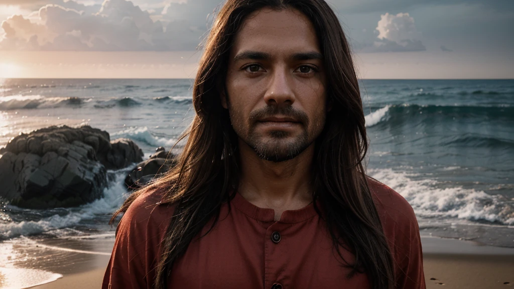 laugh at the impactful image of Jesus, man approximately 33 years old, light honey eyes, para capa de thumbnail, with lightning and thunder around, Red clothing, high qualiy, 8k Ultra HD, Uma bela double exposure que combina uma silhueta de Jesus com o pôr do sol na costa, the sunset on the coast should serve as the underlying backdrop, with its details incorporated into Jesus, sharp lines, The background is monochromatic, sharp focus, double exposure, incredible colors