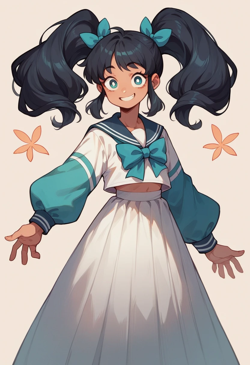 Highest quality, girl, Twin tails, Black Hair, bow 髪, Iris, Sailor, Long skirt、Confused eyes、smile