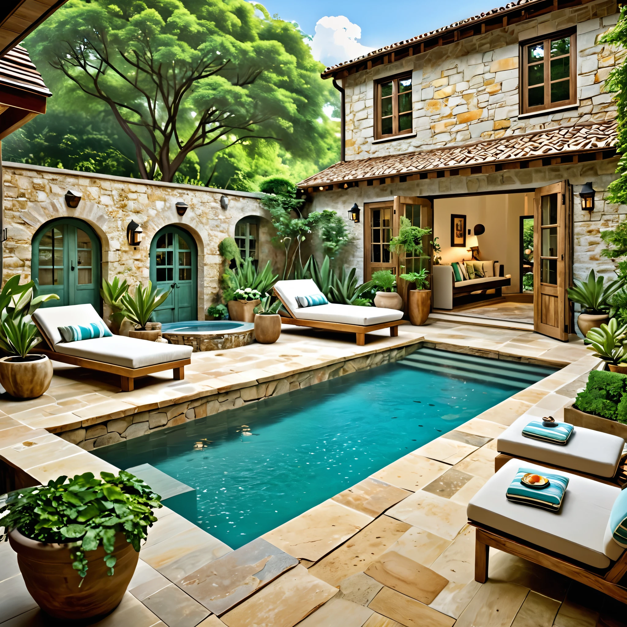 Design a cozy and rustic courtyard with a natural pool. The courtyard should have a charming, aged appearance with stone walls and large wooden doors. Include comfortable wooden lounge chairs with soft cushions, a small bar area with high stools, and various potted plants. The pool should have clear water with a turquoise hue, surrounded by lush greenery and natural elements, creating a peaceful and intimate setting.
