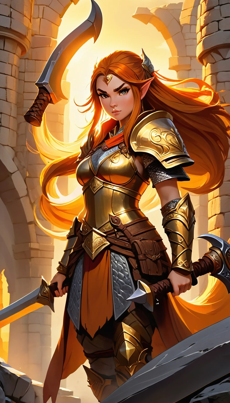 In the realm of anime fantasy art, a breathtakingly intricate and meticulously drawn D&D dwarven female warrior comes to life. With long, flowing double tail hair that cascades down her back, she exudes a sense of strength and determination. Armed with an impressive set of double-headed axes, she stands confidently atop a formidable dwarven citadel, its fortified walls towering high behind her. The sun casts a warm golden glow over the scene, illuminating her every feature in stunning detail. Her expressive, expressive eyes gleam with determination as she braces herself against a formidable onslaught of menacing creatures storming the strong