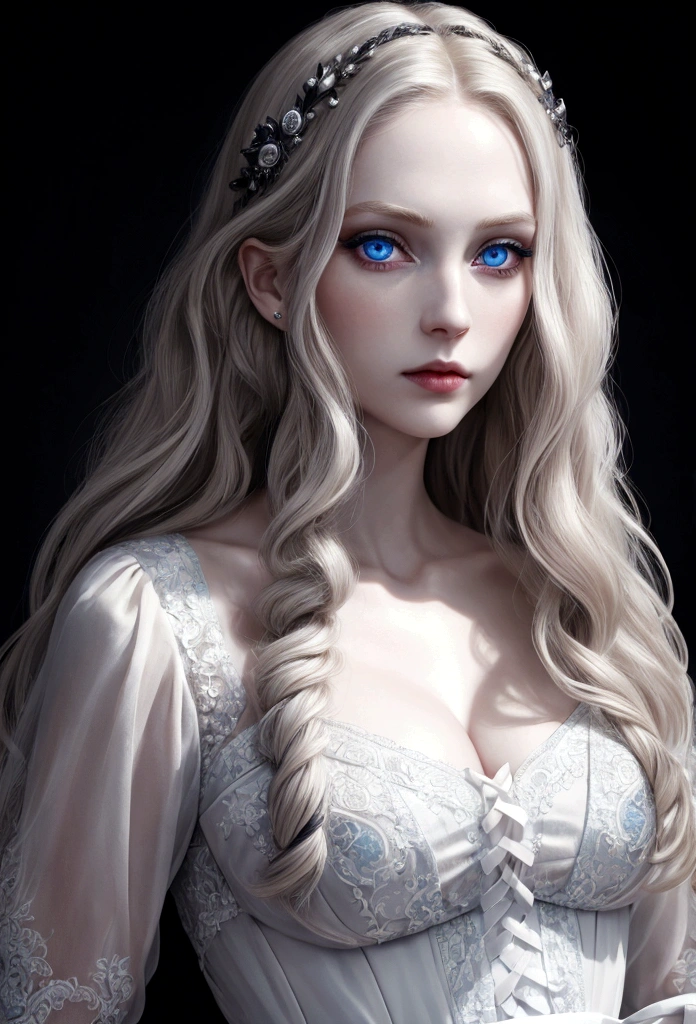 (masterpiece, best quality, ultra_detailed, highres) (detailed shadow) (quality light) 1 woman, 30 years old, extremely pale skin, blue eyes (detailed eyes, misterious eyes), pale blonde hair (wavy hair, long hair), portrait, dark atmosphere, dark simple background, couture, fashion, gothic, diva, princess, white dress
