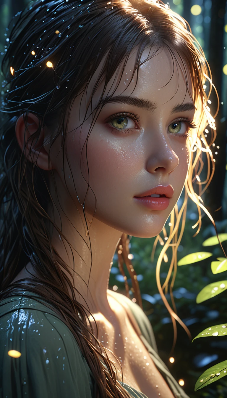 1girl, beautiful detailed eyes, beautiful detailed lips, extremely detailed face, long eyelashes, wild wet hair, beautiful girl, model, cinematic lighting, dramatic atmosphere, natural colors, detailed environment, fantasy forest, glowing fireflies, ethereal, intricate details, (best quality, 4k, 8k, highres, masterpiece:1.2), ultra-detailed, (realistic, photorealistic, photo-realistic:1.37)
