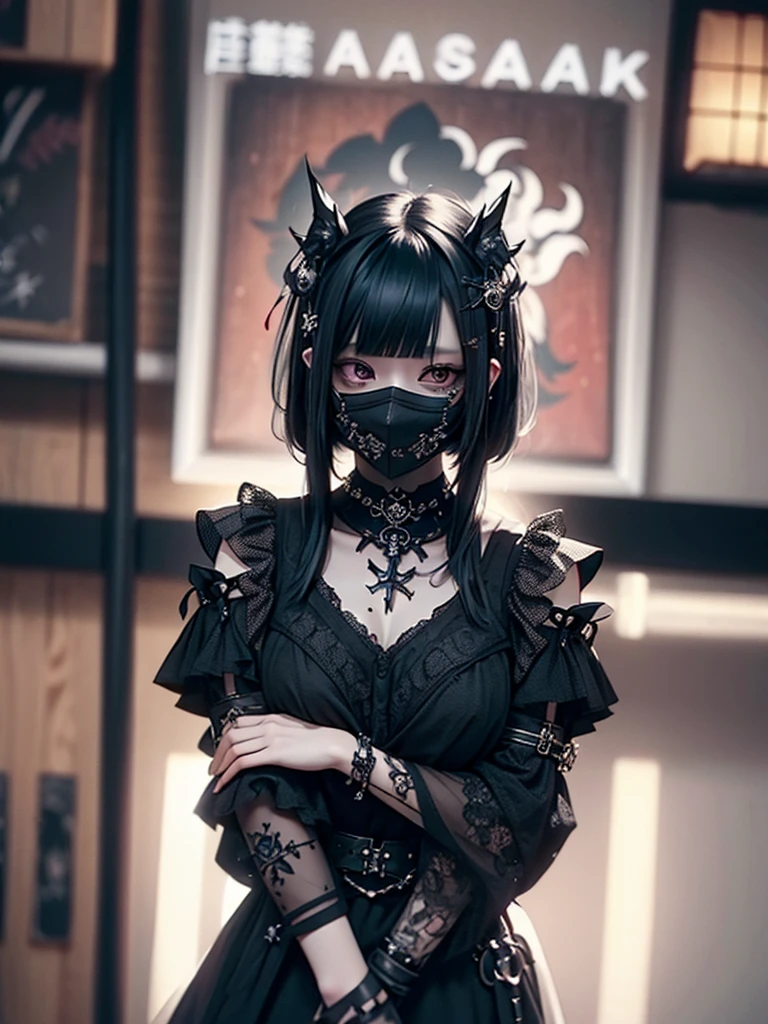 Highest quality、8K、masterpiece:1.3、Gothic Punk、The inside color is red、Black-haired、hair ornaments、Beautiful girl、creative、Dark Fantasy Style、Neogoth、Goth Fashion:1.2、High resolution、masterpiece、Highest quality、頭w:1.3、((Hasselblad Photos))、Fine skin、Sharp focus、(Cinematic lighting)、Realistic textured hair、((Black Mask)),Esbian all over、((View from below))