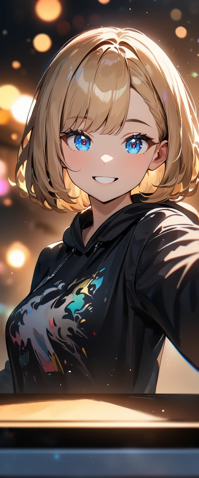 (((One girl))), blond hair, bob cut, (upper body), face in focus, (looking at viewer), breasts, teenager, head tilt:1.3, (((blue eye))), (from side), selfie, reaching, ((happy smile)), black hoodie:1.3, black shorts:1.3, anime style, (best quality, 4k, 8k, highres, masterpiece:1.2, ultra-detailed, ultra-detailed eyes, HDR, UHD, studio lighting, ultra-fine painting, sharp focus, physically-based rendering, extreme detail description, professional, vivid colors, bokeh)