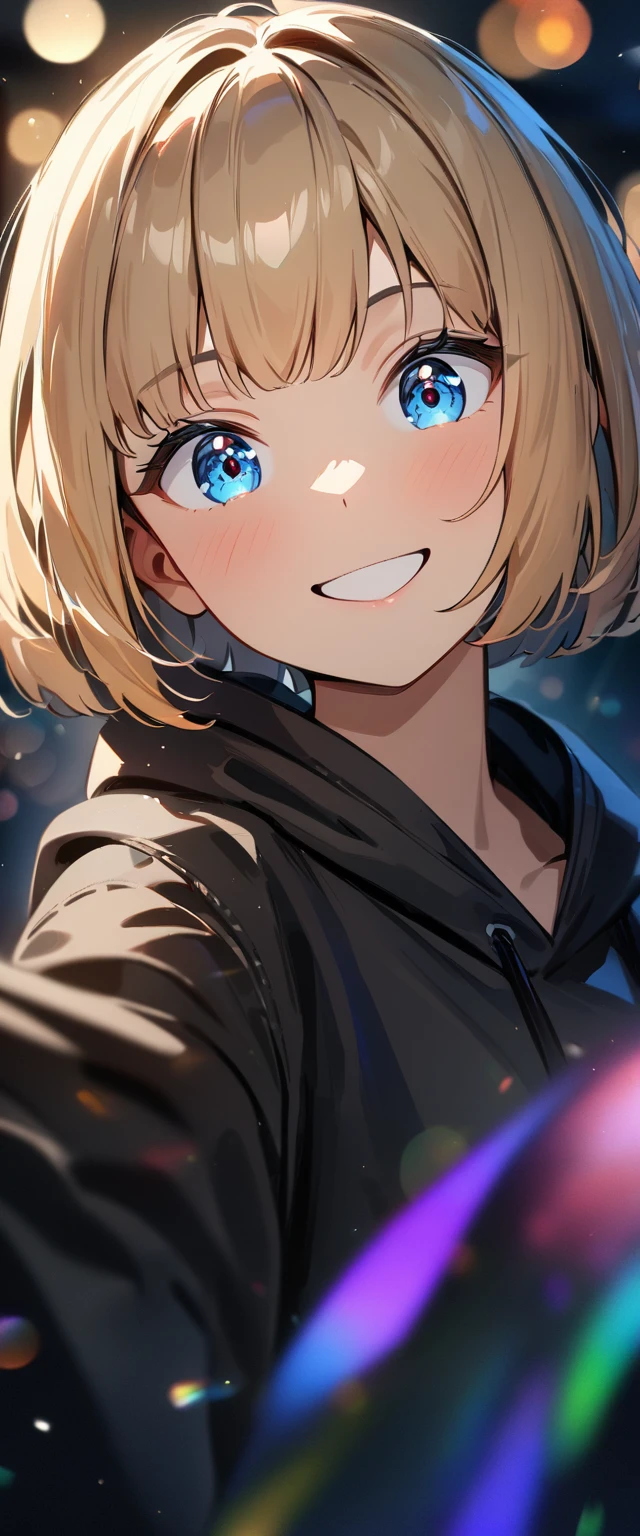 (((One girl))), blond hair, bob cut, (upper body), face in focus, (looking at viewer), breasts, teenager, head tilt:1.3, (((blue eye))), (from side), selfie, reaching, ((happy smile)), black hoodie:1.3, black shorts:1.3, anime style, (best quality, 4k, 8k, highres, masterpiece:1.2, ultra-detailed, ultra-detailed eyes, HDR, UHD, studio lighting, ultra-fine painting, sharp focus, physically-based rendering, extreme detail description, professional, vivid colors, bokeh)
