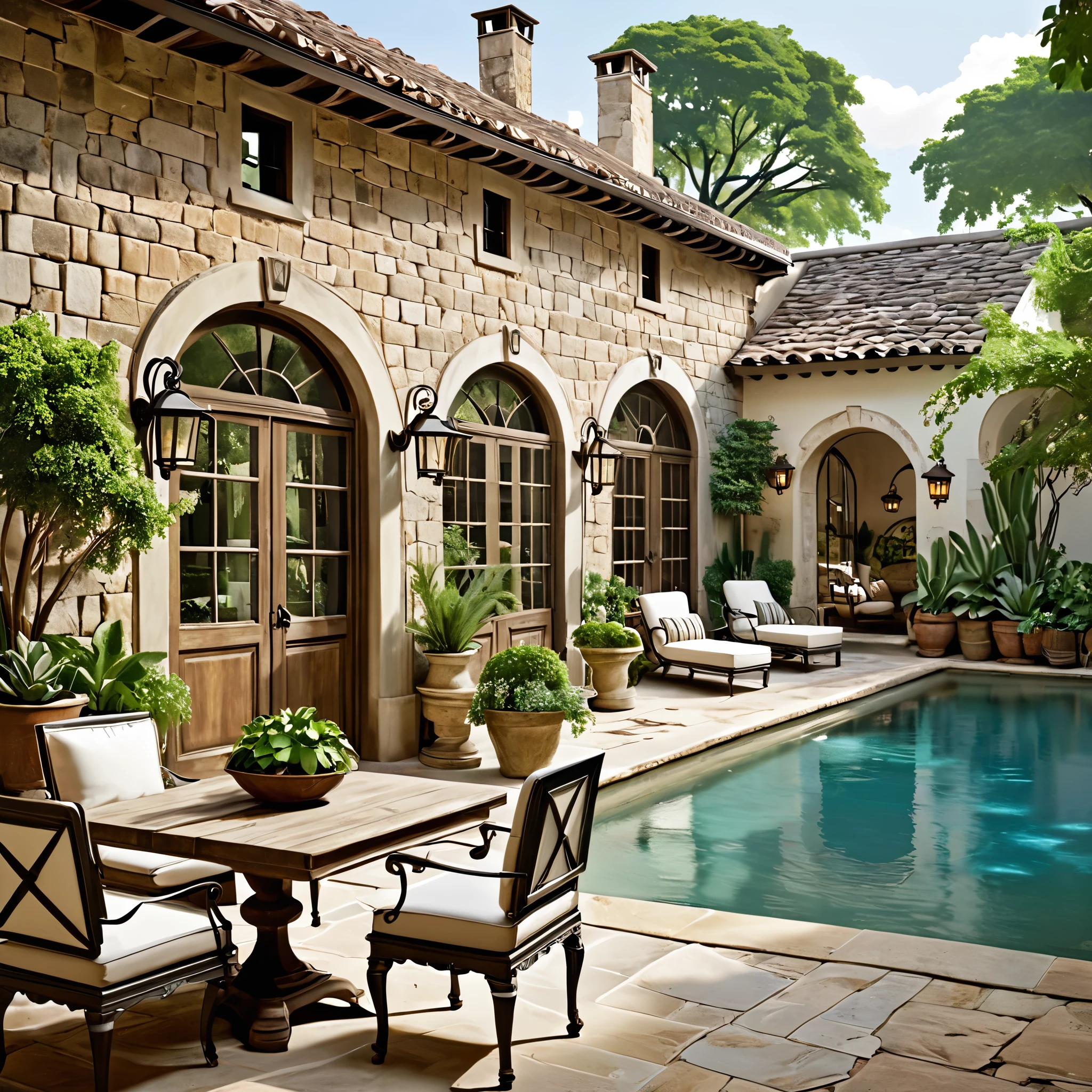 Generate a vintage-inspired courtyard scene featuring a picturesque pool. The courtyard should have weathered stone walls, large wooden doors, and a mix of vintage furniture. Include wrought iron chairs and tables, antique-style lanterns, and an assortment of potted plants. The pool should have a timeless look with clear, reflective water, and the overall atmosphere should be nostalgic and tranquil, with a view of lush greenery and mountains in the background.
