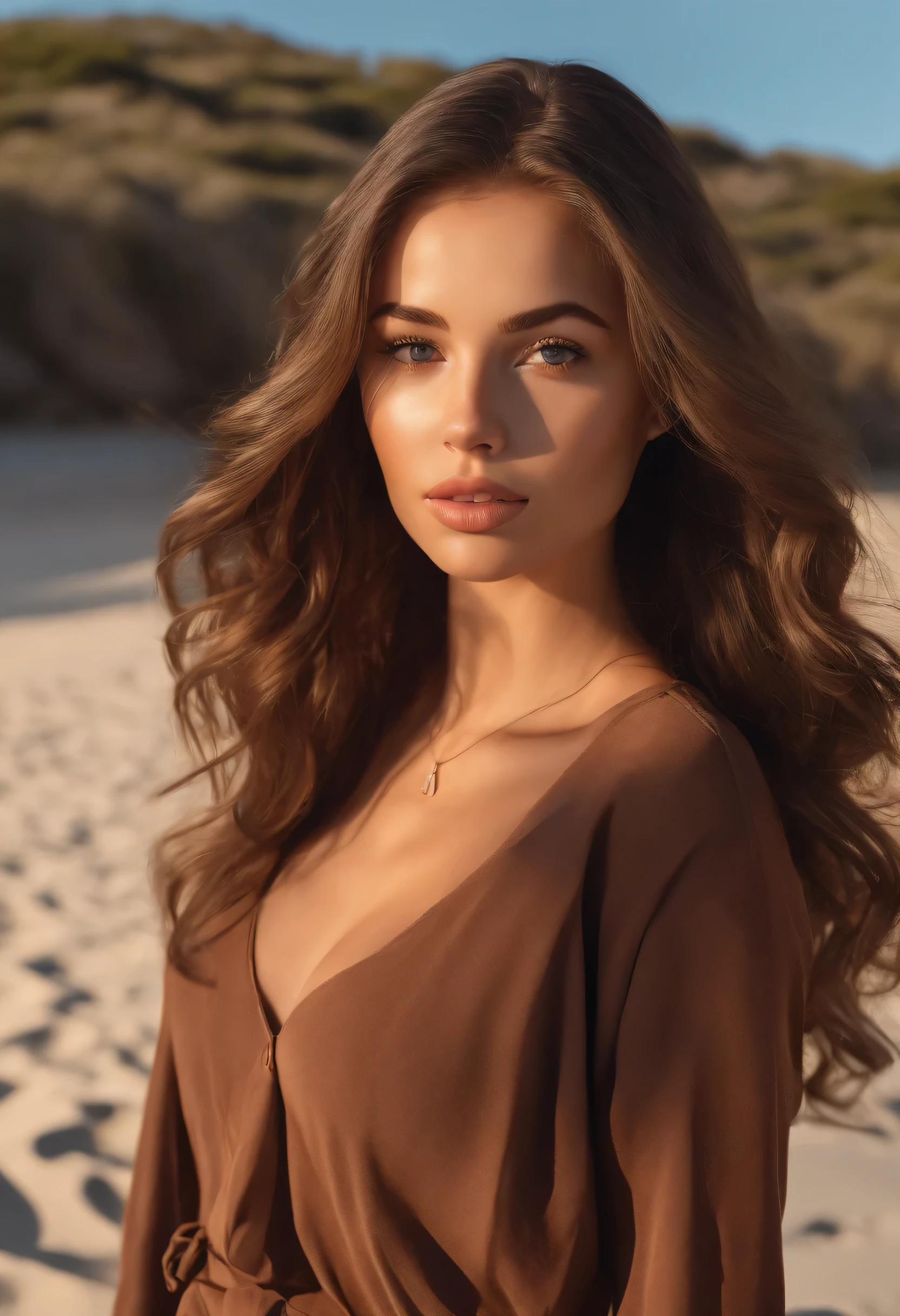 woman totally fucked , Sexy girl with brown eyes, ultra realistic, meticulously detailed, retrato sophie mudd, brown hair and large eyes, selfie of a young woman,at beach, medium to large bust