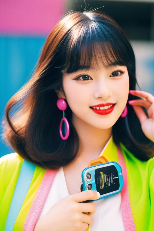 (1 korean young girl), big breasts, strikingly beautiful, delicate facial features, porcelain skin, expressive eyes, black hair, red lips, (hairstyle of the 1980s), Visualize a nostalgic advertisement hailing from the 1980s in Korea. Dominating the scene is a radiant young woman with a vibrant smile, sporting trendy 80s attire complete with big hair, vibrant makeup, and chunky accessories. Clutched in her hand is a retro portable music player, the kind with a cassette tape compartment and big buttons. The Walkman is a reflection of the era's technological marvel, and it stands out with its metallic finish and brand label. Around the scene, neon lights and geometric shapes abound, reminiscent of 80s design aesthetics. The young woman is clearly enjoying the music, her posture relaxed yet energetic, encapsulating the spirit of youth and the joy of portable music,