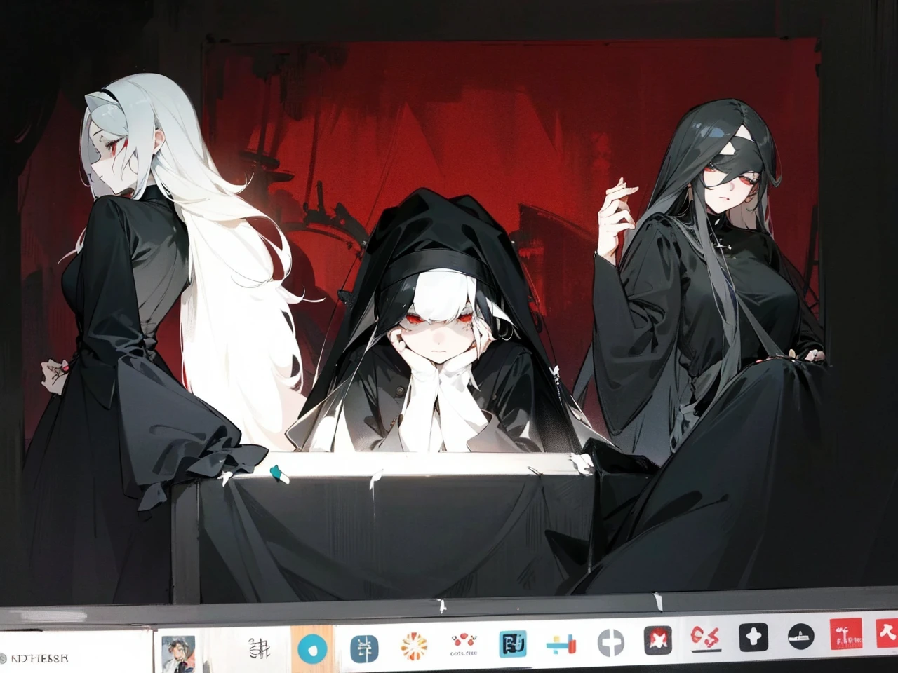 Make an anime poster, has 4 women in it, on the left side a classy dressed beauty with only the colors red and white, has an angelic presence but a demonic personality, she wears a hat on her head and a long mature gown. On the middle, a millitary general with black and white hair, and a blindfold covering her eyes. Behind her in the back, a woman faded in the background, only her eyes red Phoenix can be seen. Finally at the very right side a nun with a blindfold and a church nun fantasy black dress, holding her hands together symbolizing a prayer gesture.