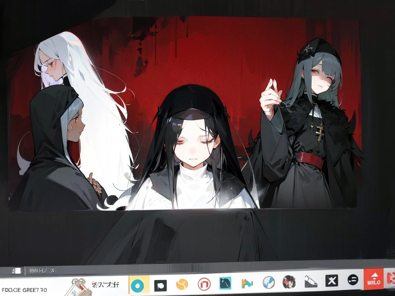 Make an anime poster, has 4 women in it, on the left side a classy dressed beauty with only the colors red and white, has an angelic presence but a demonic personality, she wears a hat on her head and a long mature gown. On the middle, a millitary general with black and white hair, and a blindfold covering her eyes. Behind her in the back, a woman faded in the background, only her eyes red Phoenix can be seen. Finally at the very right side a nun with a blindfold and a church nun fantasy black dress, holding her hands together symbolizing a prayer gesture.