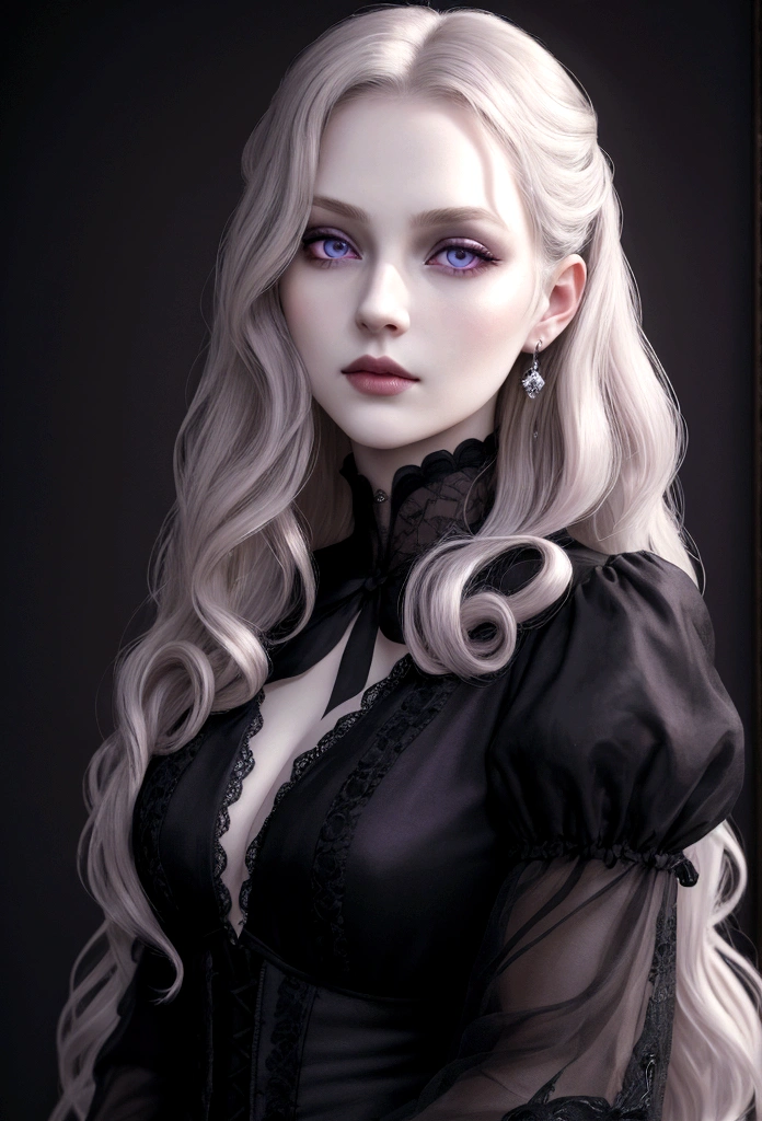 (masterpiece, best quality, ultra_detailed, highres) (detailed shadow) (quality light) 1 woman, 30 years old, extremely pale skin, violet eyes (detailed eyes, misterious eyes), pale blonde hair (wavy hair, long hair), portrait, dark atmosphere, dark simple background, couture, fashion, gothic, diva, princess, odette