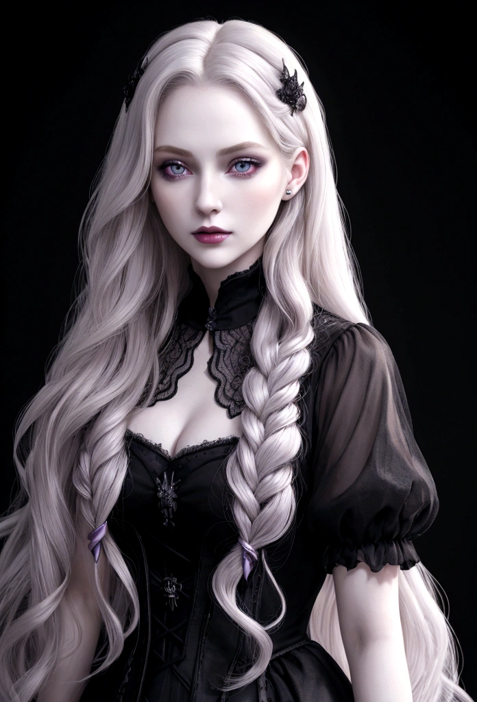 (masterpiece, best quality, ultra_detailed, highres) (detailed shadow) (quality light) 1 woman, 30 years old, extremely pale skin, violet eyes (detailed eyes, misterious eyes), pale blonde hair (wavy hair, long hair), portrait, dark atmosphere, dark simple background, couture, fashion, gothic, diva, princess, odette
