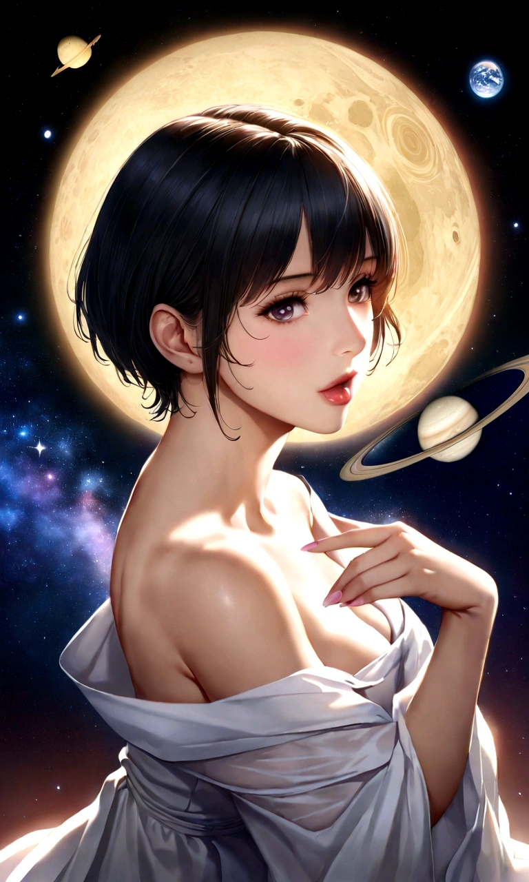 famous magazine、geographic magazine、A Goddess Bigger Than a Small Earth、Neat、Pure white long dress、Hold the Earth in your hand and bring it close to your mouth、to kiss、universe space、Sexy pose、Small breasts、Realistic、Magazine Cover、anime、リアルanimeスタイル、short hair、Black Hair、Cute woman、Beauty、model、Portrait、Steamy、steam、Japanese、Milky Way、nebula、Mars、Saturn、moon、Spectacular atmosphere、animeキャラクターのポスター