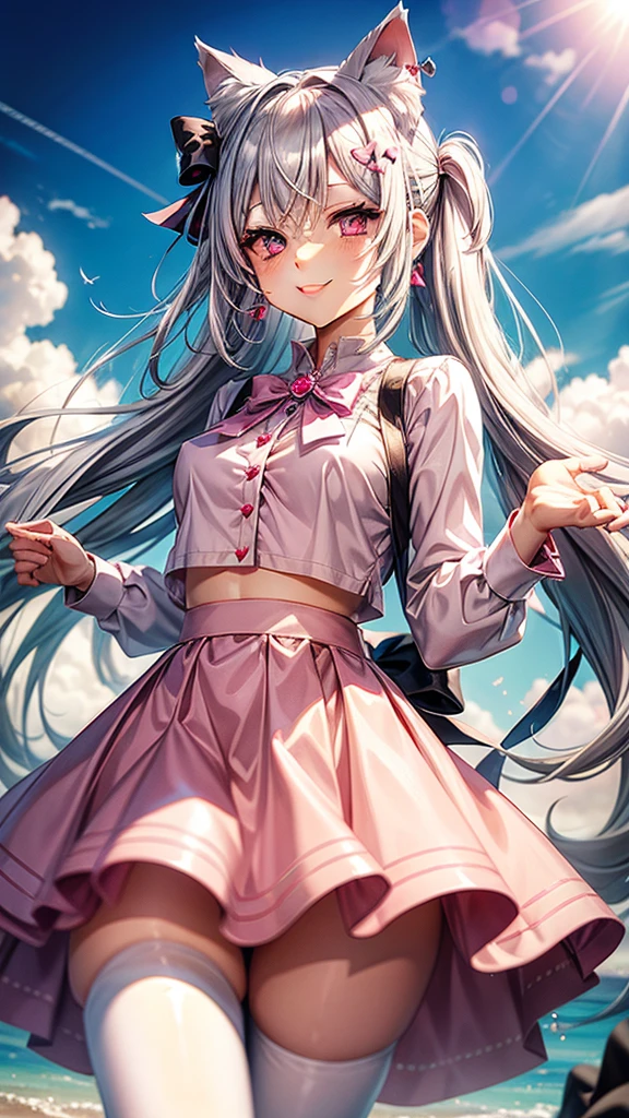 Silver hair, pink eyes, body, cat ears, sexy girl, earrings, hearts and cloud background, hair bows, mitsuri, pink blouse, skirt uniform, bells necklace, happy face,  thigh up