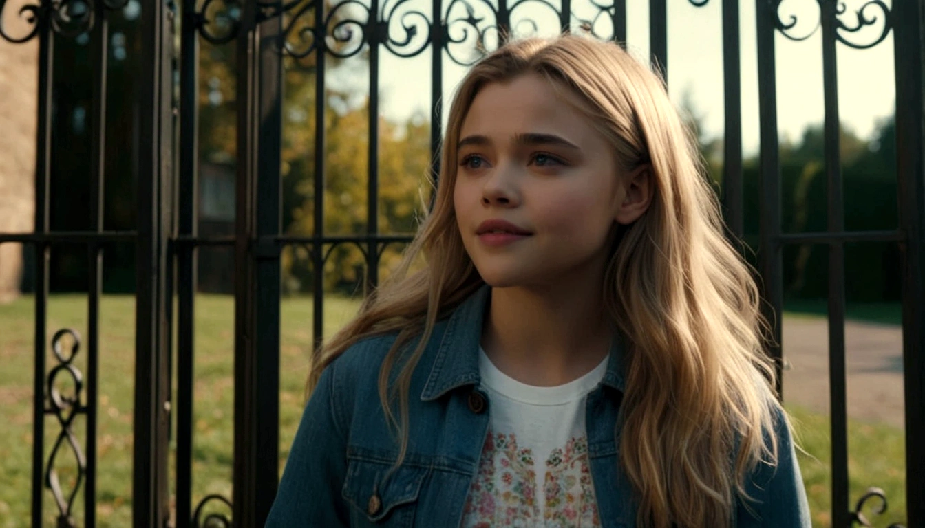 a close-up of a young woman in front of a gate, # film, film screenshot, wonderful scene, still from a live action film, still high quality film, Chloë Grace Moretz, Leica 8K ainda de um filme A24, shot from movie, opening scene, screenshot from a movie, still frame of a film, high resolution film