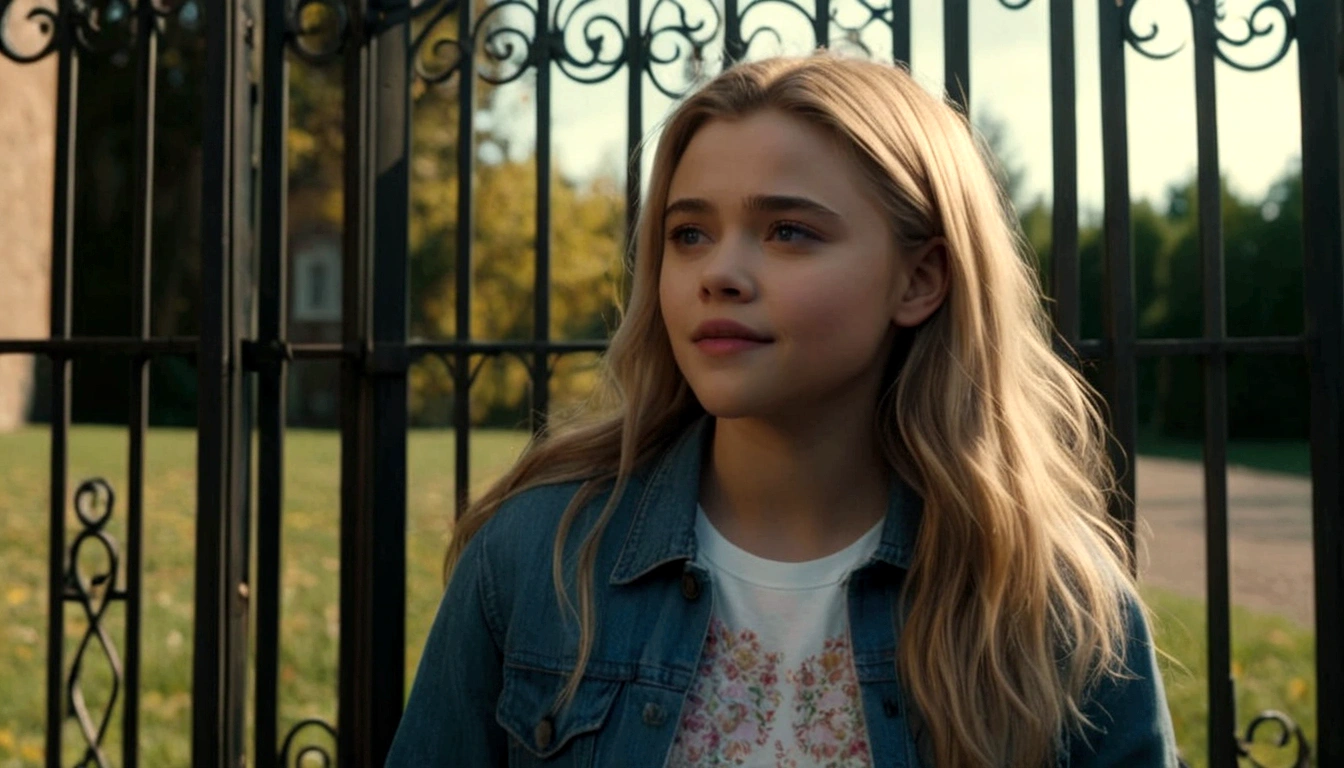 a close-up of a young woman in front of a gate, # film, film screenshot, wonderful scene, still from a live action film, still high quality film, Chloë Grace Moretz, Leica 8K ainda de um filme A24, shot from movie, opening scene, screenshot from a movie, still frame of a film, high resolution film