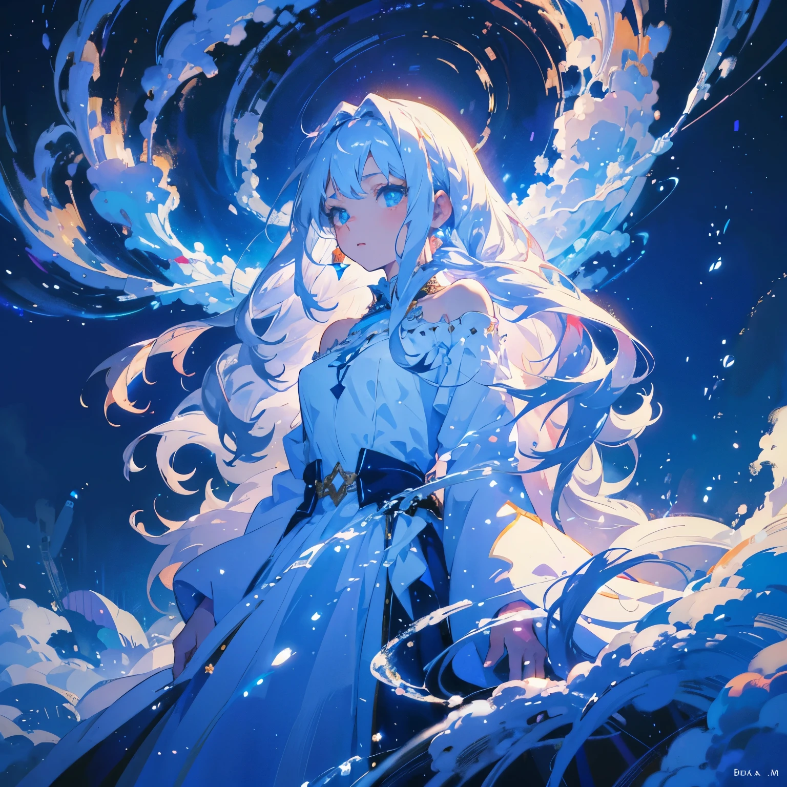 (portrait:1,4), In a snowy landscape, there is a beautiful anime girl with long white hair and a blue dress. Her white hair is flowing and floating in the air, creating a mystical and ethereal atmosphere. She looks like a goddess with her enchanting appearance, exuding an aura of youth and beauty. The artwork is in a fantasy anime style, depicting the girl in a whimsical and magical setting. The flowing and glowing hair adds a touch of radiance and grace to the character. The overall artwork is a beautiful digital masterpiece, showcasing the beauty of anime art. The girl can be portrayed as a fantasy queen, radiating elegance and power. The artwork can also incorporate elements of 2.5D CGI, adding depth and realism to the fantasy anime art piece. The color scheme is vibrant and vivid, with the snowy landscape and the girl's blue dress contrasting against the white hair. The lighting in the artwork is soft and ethereal, capturing the magical ambiance of the scene.