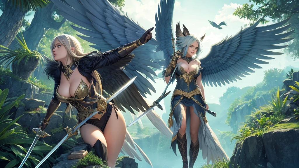 harpy woman, woman with bird wings , and sword of light