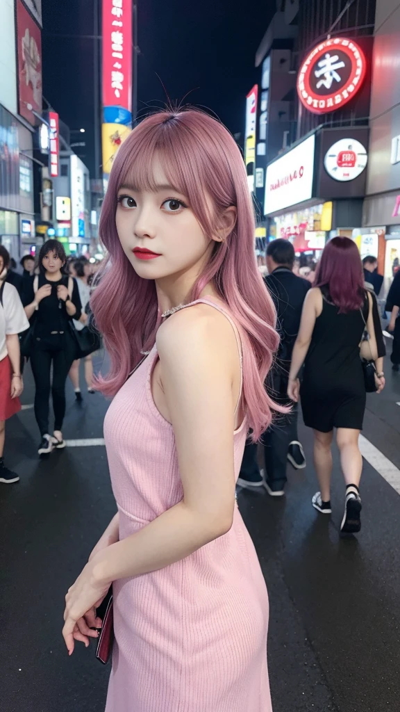 Tokyo, Kabukicho, Long hair blowing in the wind, Pink Hair, High resolution, dress
