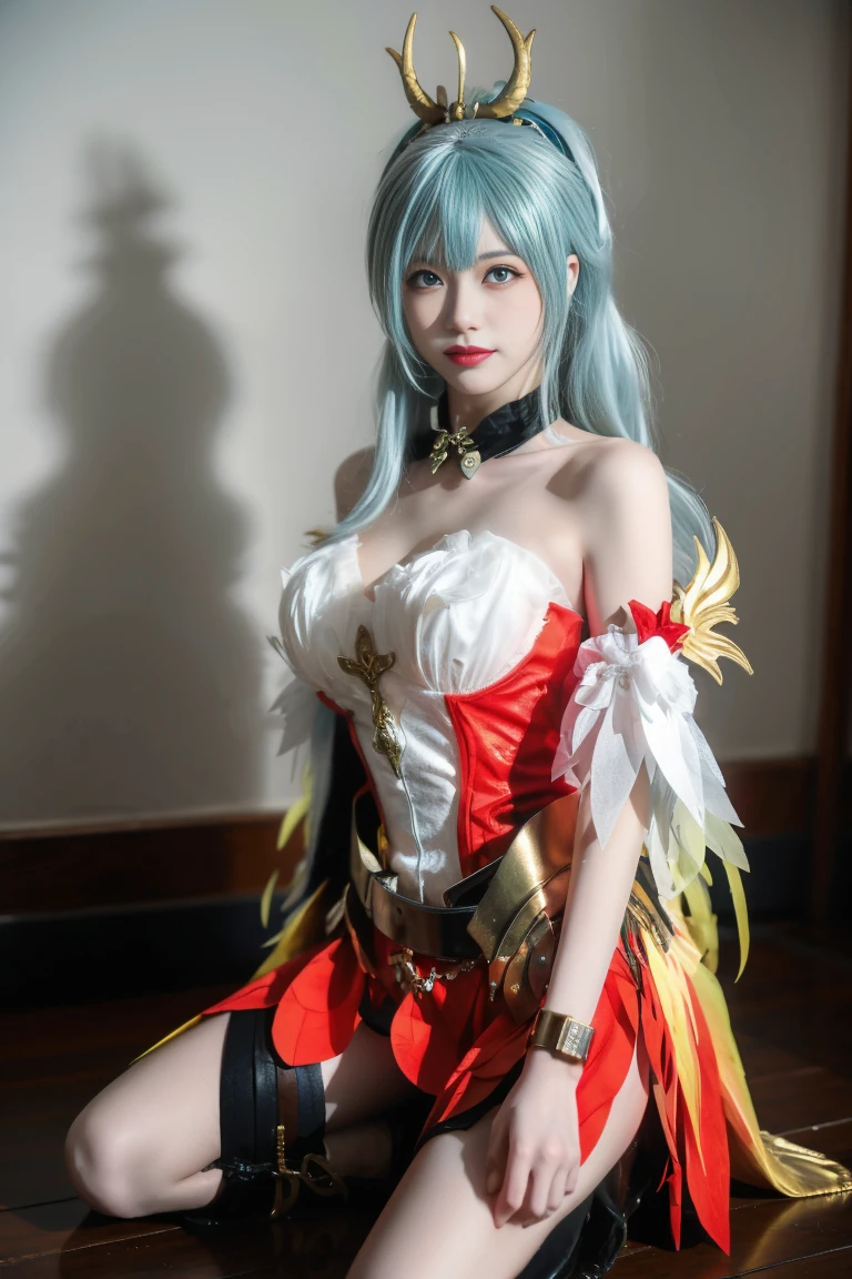 best quality, tmasterpiece,Ultra-high resolution,Clear face,(Reality:1.4),ferpect lighting,(upper body shot:1.5), (photorealistic:1.50), anime wallpaper, Guviz style artwork, cover-up fantasy up to magic , by Yang J, Guviz, beautiful artwork illustration, beautiful digital artwork, beautiful digital illustration, Li Song, beautiful anime portrait, art style in Beauvot, 1girl, 独奏, looking at viewer, smile, standing, full body, arms at side, hatsune miku cosplay costume, hatsune miku, cosplay, aqua hair, very long hair, twintails, shirt, corset, skirt, plaid skirt, detached collar, detached sleeves, arm warmers, bowtie, bow, horns, demon horns, demon wings, demon tail, ribbon, o-ring, chain, thigh strap, hair ribbon, hair bow, thighhighs, torn thighhighs, knee boots, belt boots, platform boots, Curtain background, indoor, sitting,