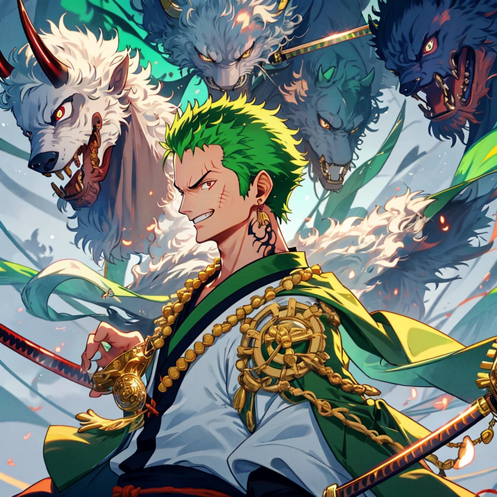 zoro, Solo, view the viewer, Smile, Short hair, Red eyes, 1boy, Holding, jewelry, Upper body, arma, Male focus, Earrings, Japanese clothes, Green hair, Horns, sword, komono, holding weapon, From the side Side, tattoo, Glowing, Scar, holdingsword, katana swords, scars in the face, scars on eyes