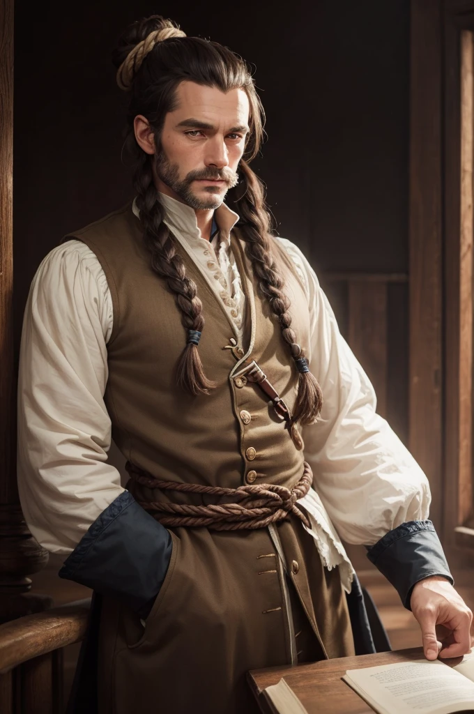 Create an English ship captain from the year 1700 AD with long hair tied up. His captain's outfit is red